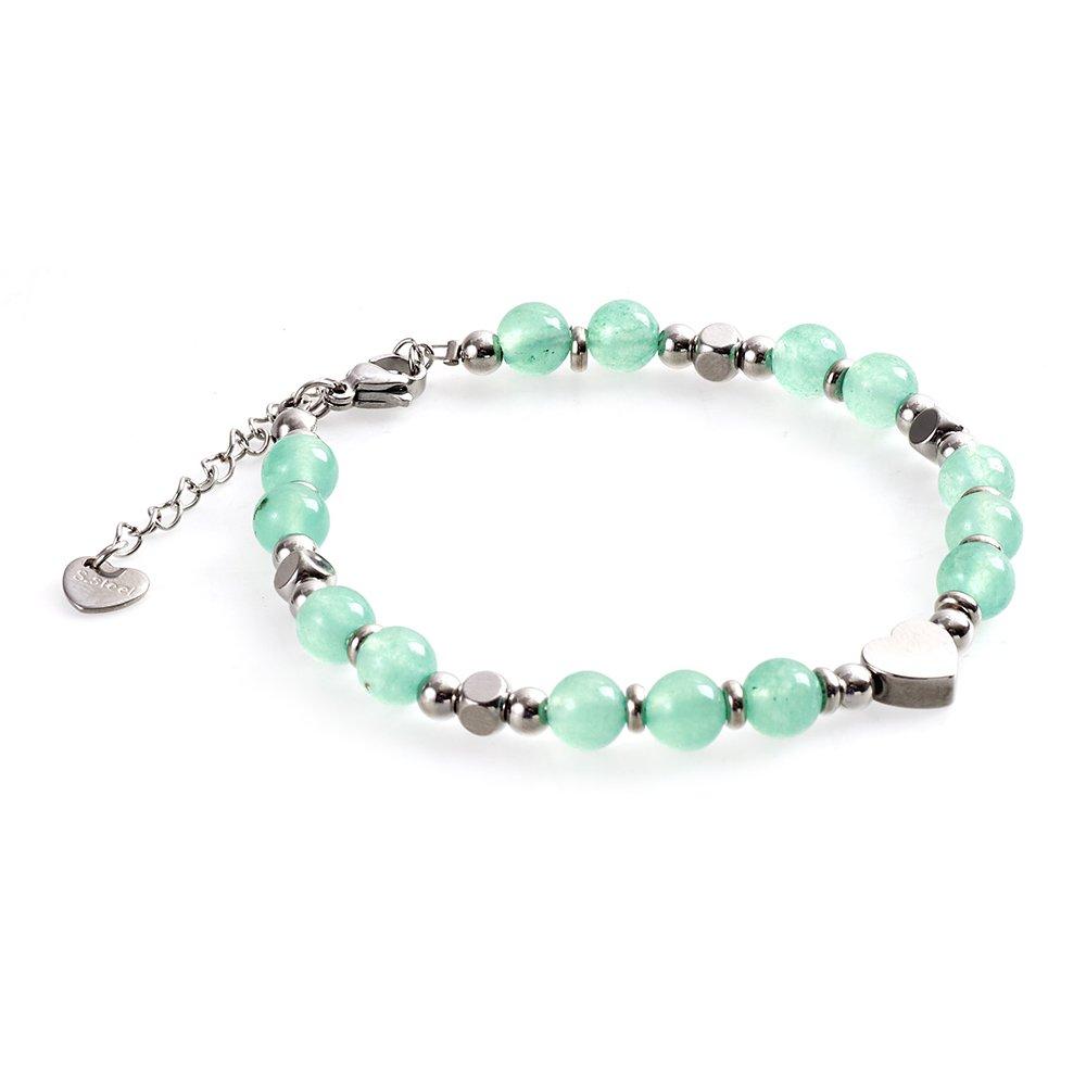 Green - SHEONLY - Stainless Steel Beaded Adjustable Heart Bracelet - 4
