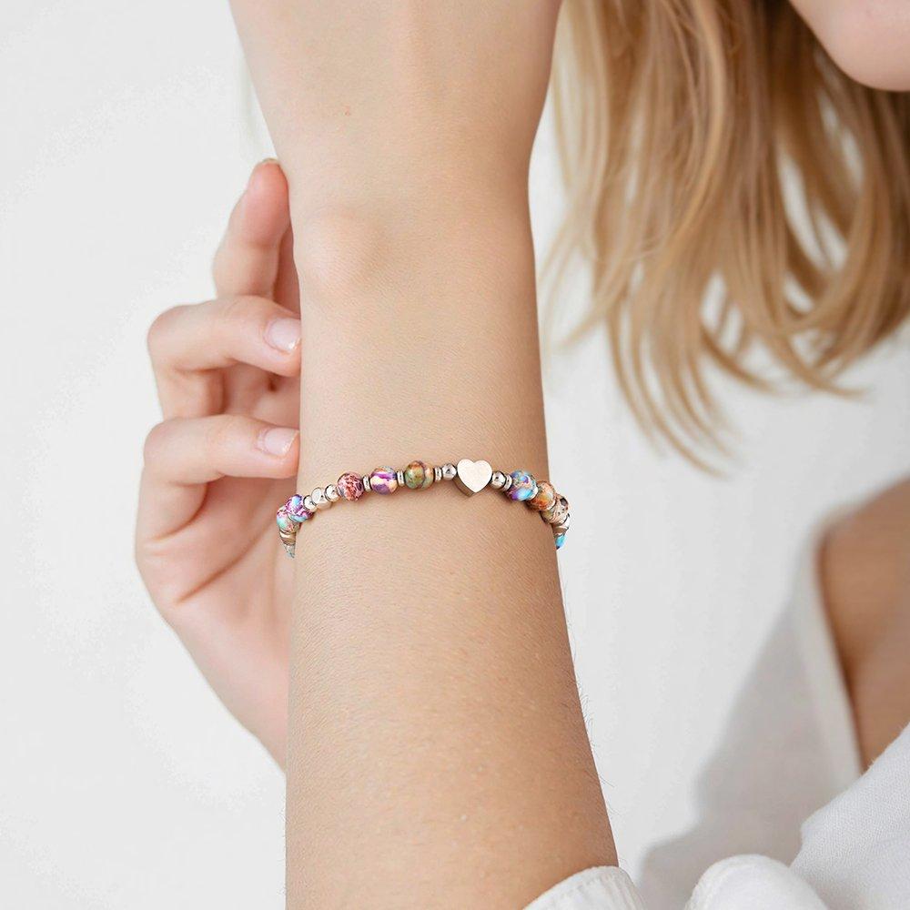 Purple - SHEONLY - Stainless Steel Beaded Adjustable Heart Bracelet - 1