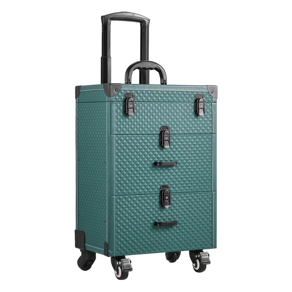 Green - SHEONLY - 3 in 1 Cosmetic Trolley Case Makeup Box on Wheels - 1