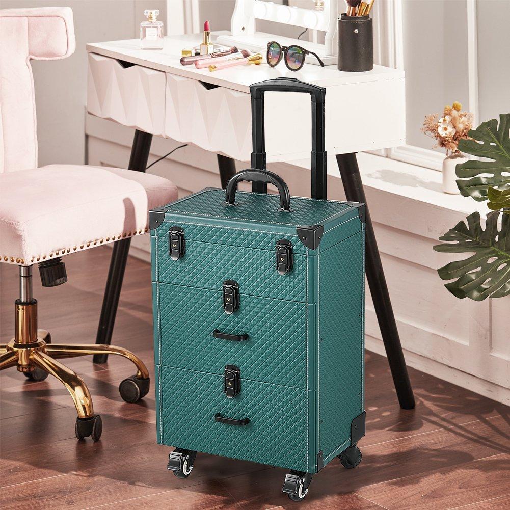 Green - SHEONLY - 3 in 1 Cosmetic Trolley Case Makeup Box on Wheels - 2