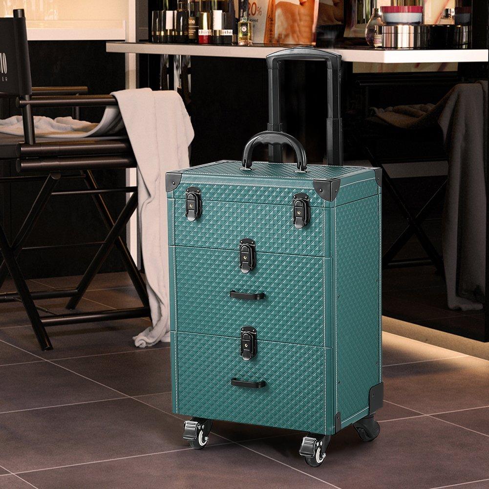 Green - SHEONLY - 3 in 1 Cosmetic Trolley Case Makeup Box on Wheels - 3