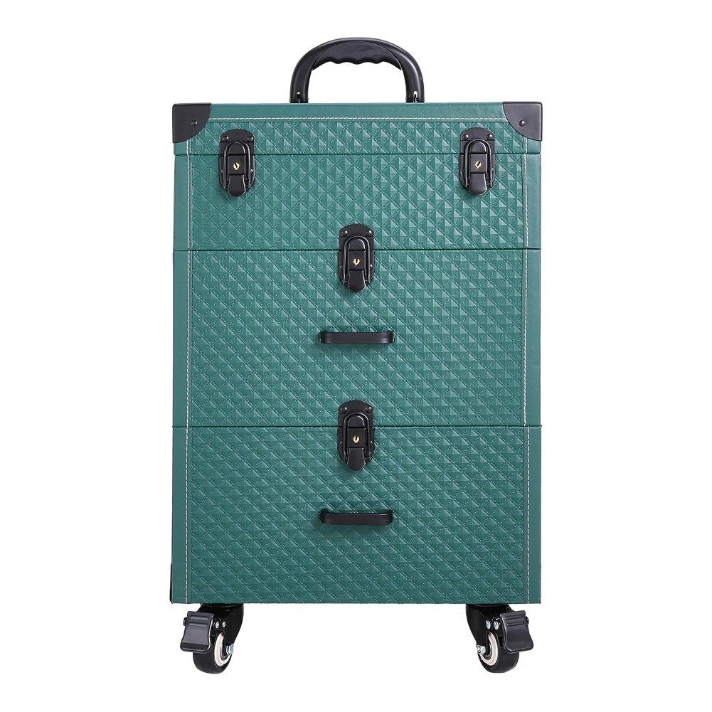 Green - SHEONLY - 3 in 1 Cosmetic Trolley Case Makeup Box on Wheels - 4