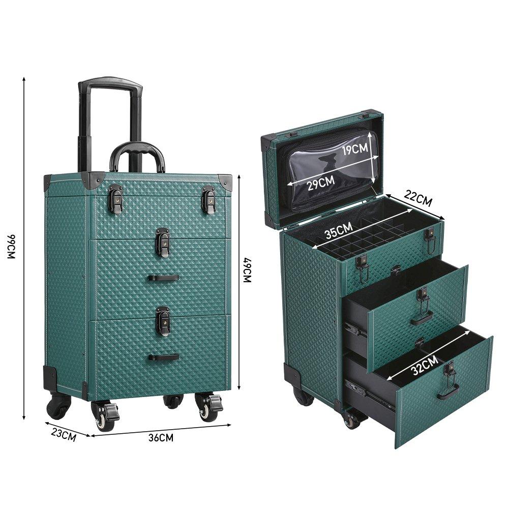 Green - SHEONLY - 3 in 1 Cosmetic Trolley Case Makeup Box on Wheels - 9