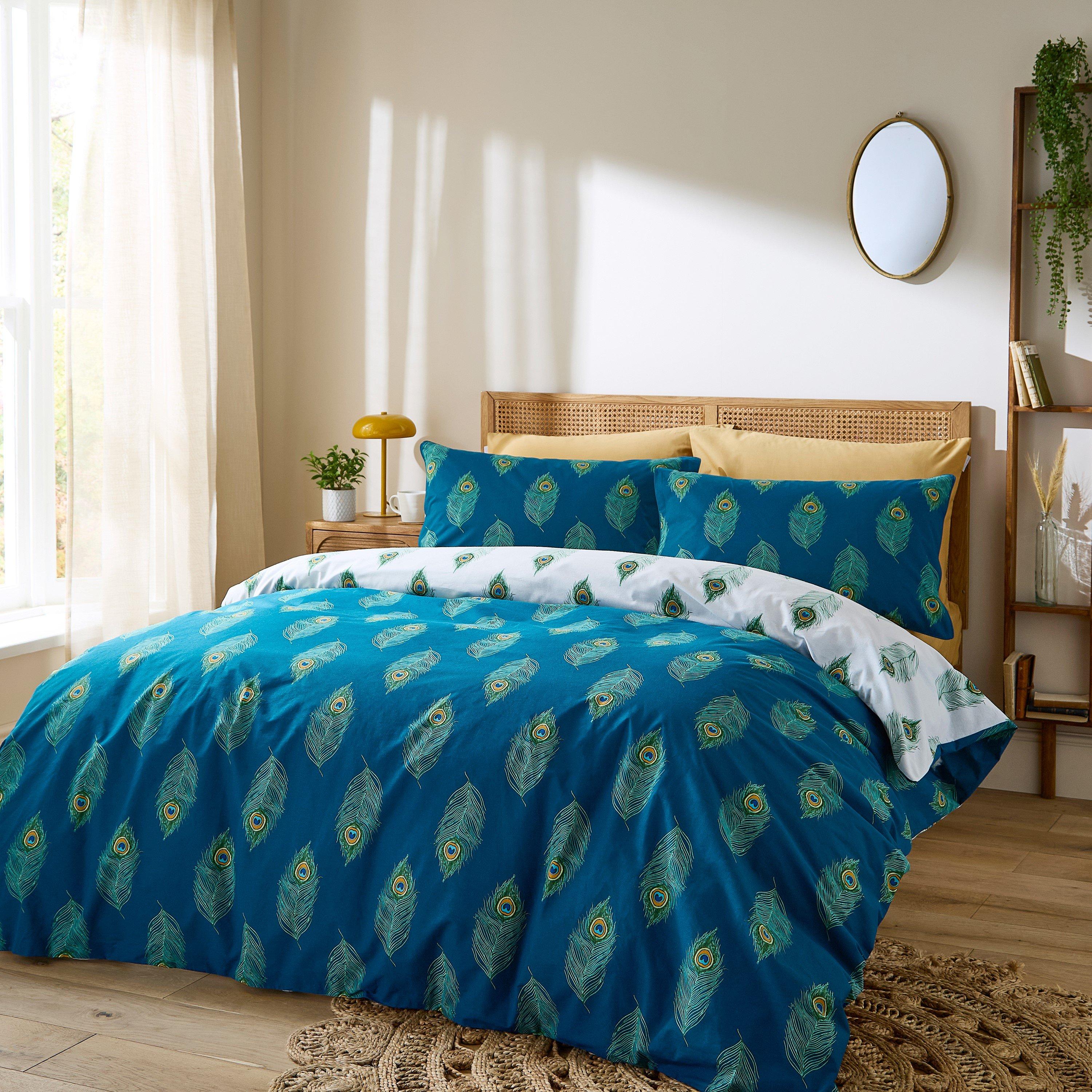 Their Nibs  Peacock Feather Cotton Reversible Duvet Cover Set - Teal Green - Super King