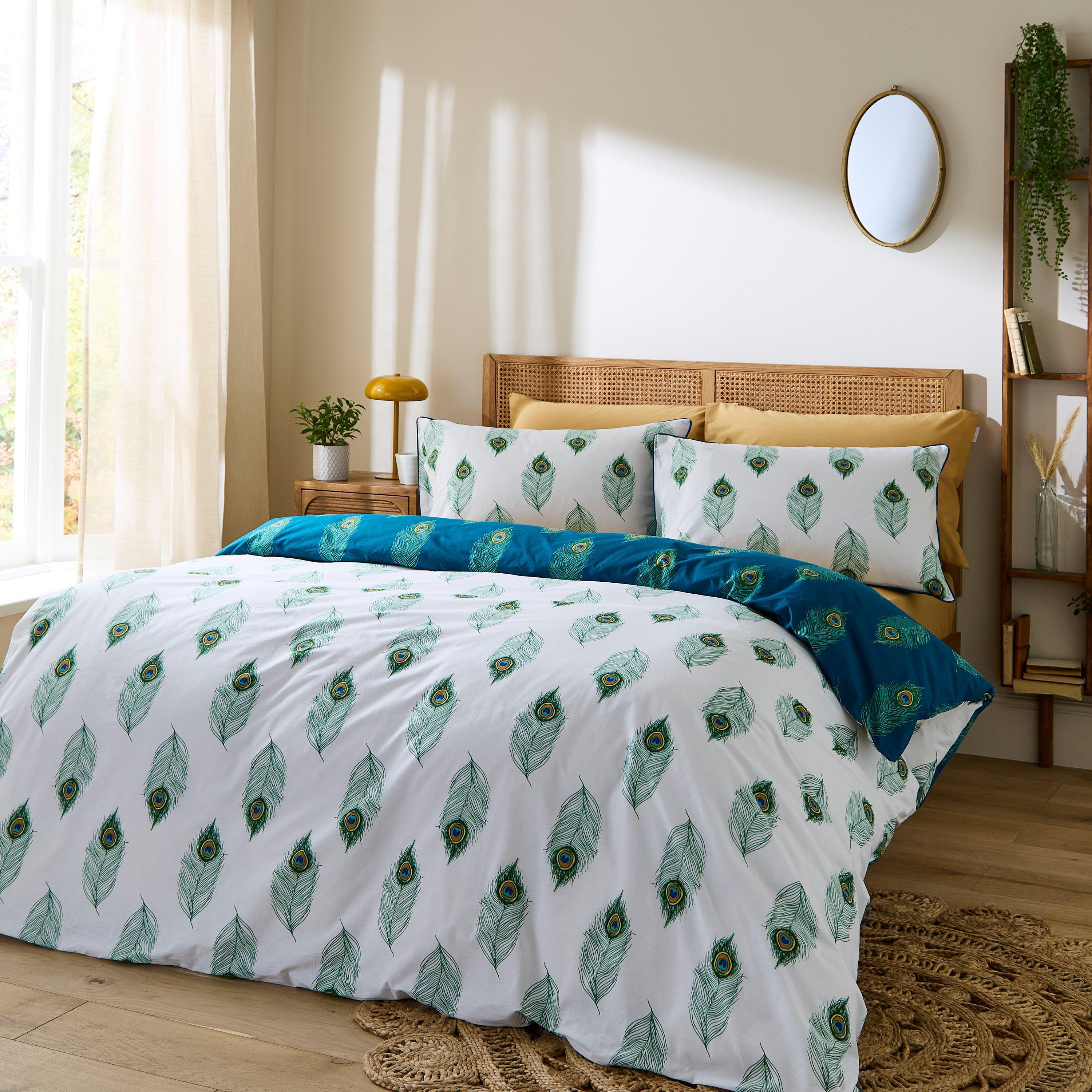 Teal Green - Their Nibs - Peacock Feather Cotton Reversible Duvet Cover Set - 2