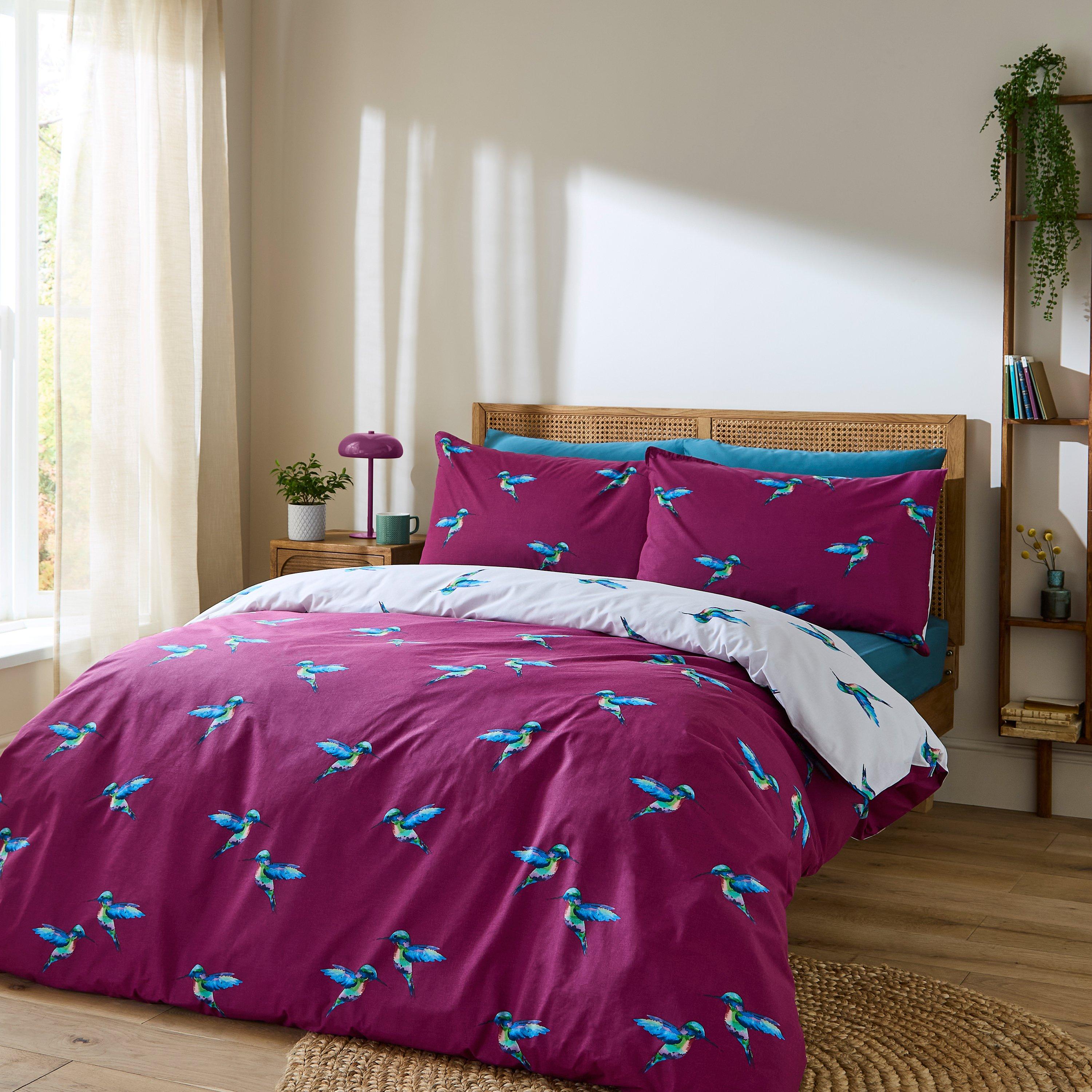 Their Nibs  Hummingbird Cotton Reversible Duvet Cover Set - Plum - Single