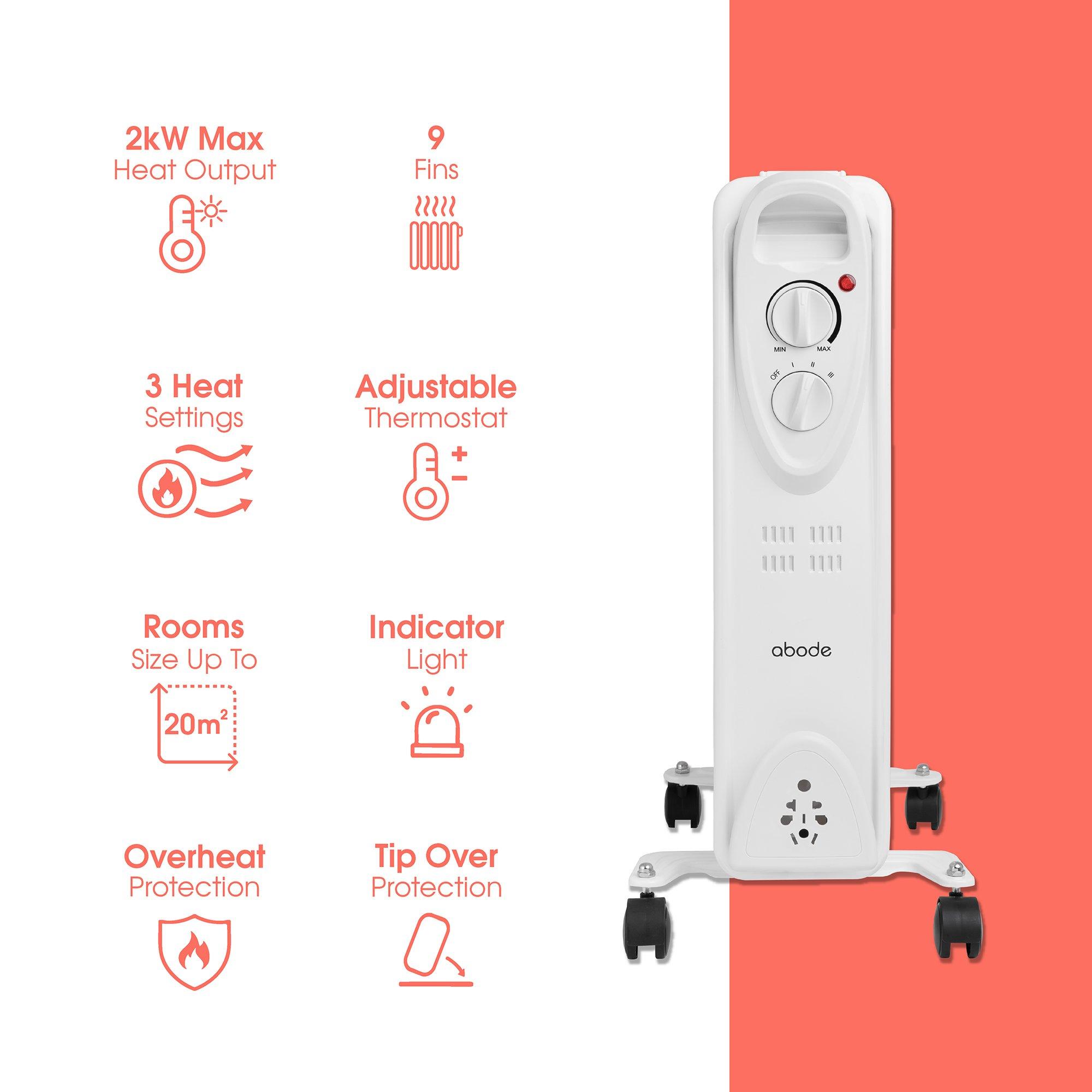 White - Abode - AOFR9003 2kW 9 Fin Oil Filled Radiator in White - 3