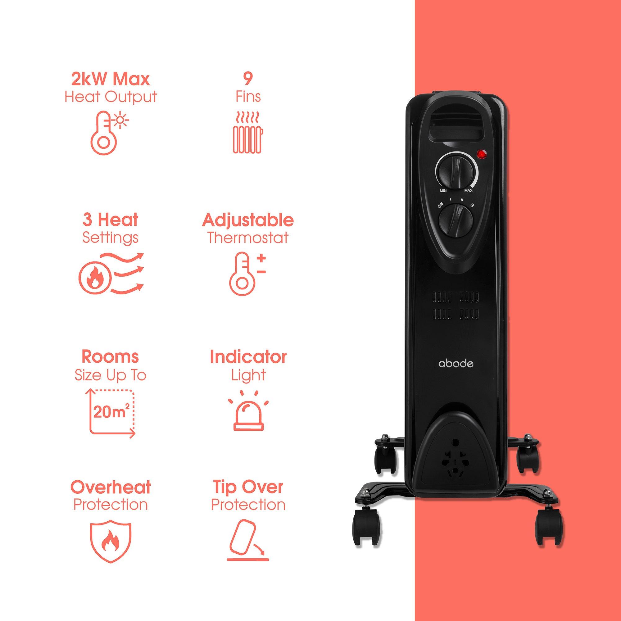 Black - Abode - AOFR9003B 2kW 9 Fin Oil Filled Radiator in Black - 3