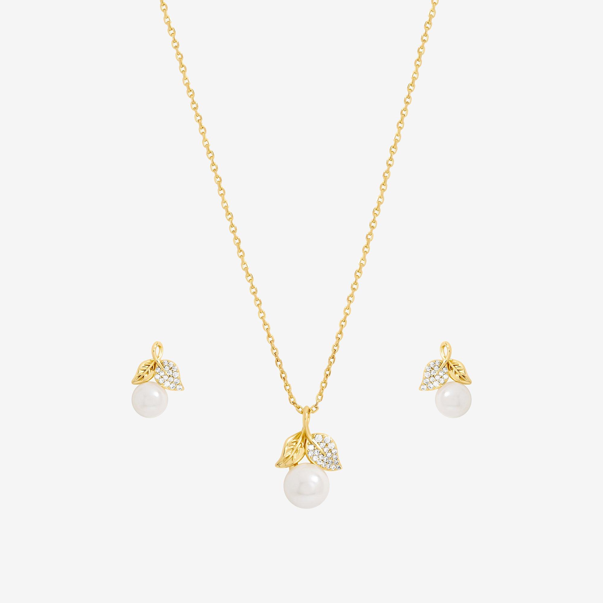 Silver - Jon Richard - Rhodium Plated CZ Pearl and Leaf Set - Gift Box - 2