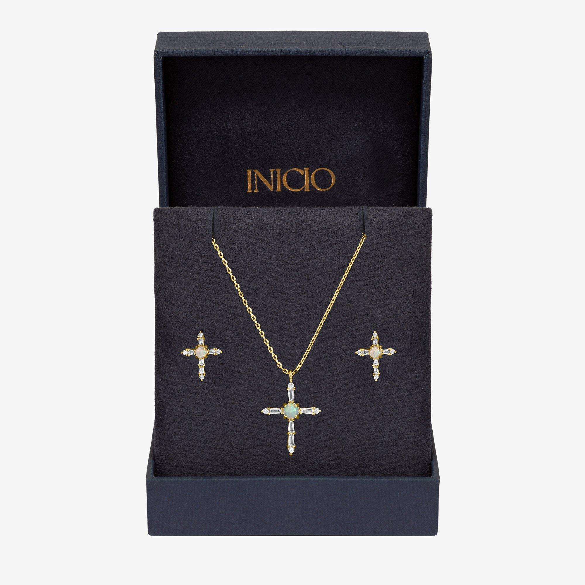 Gold - Inicio - Cubic Zirconia and Opal Cross Set - Gift Box - 1