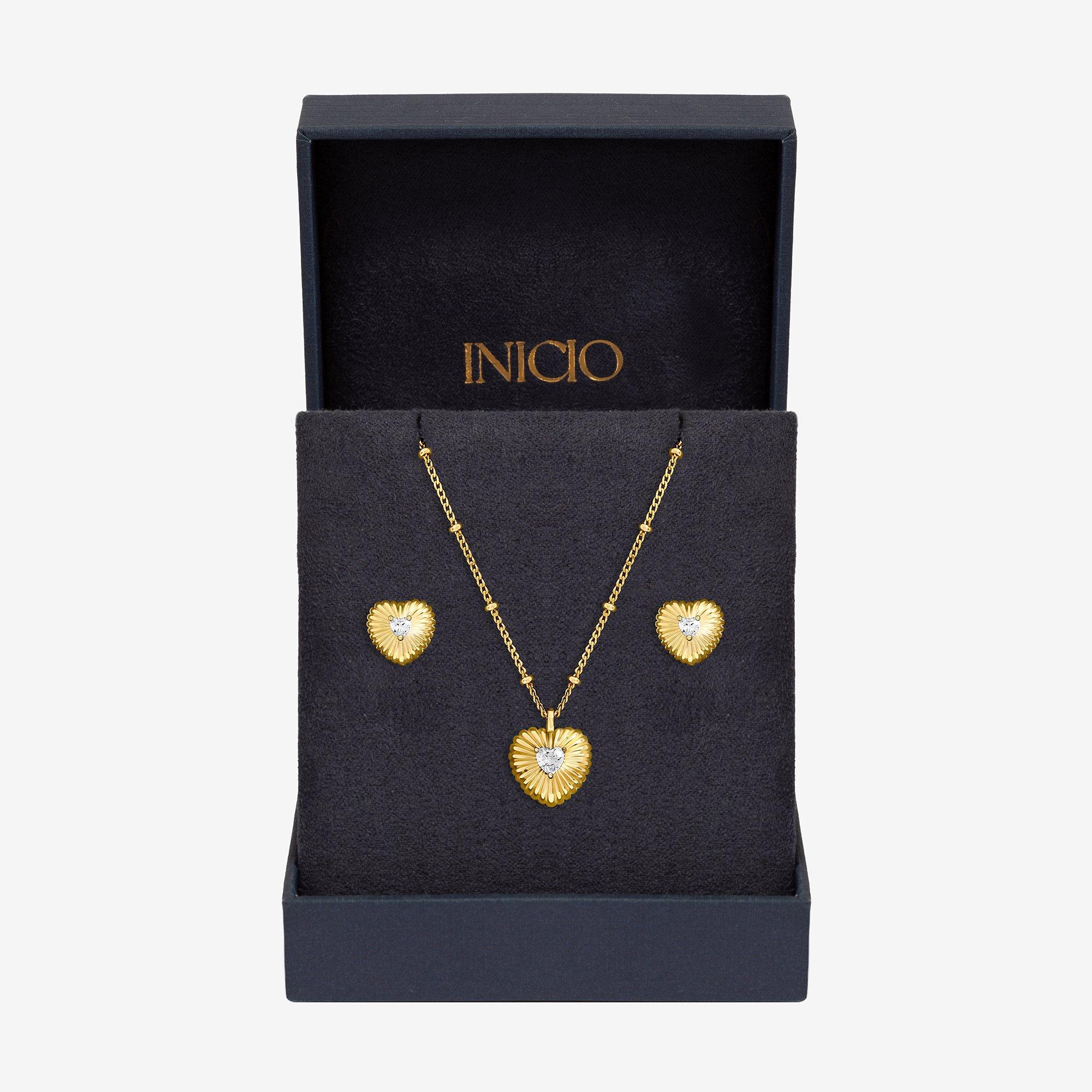 Inicio Women's Plated And Cz Ridged Heart Set - Gift Box Gold