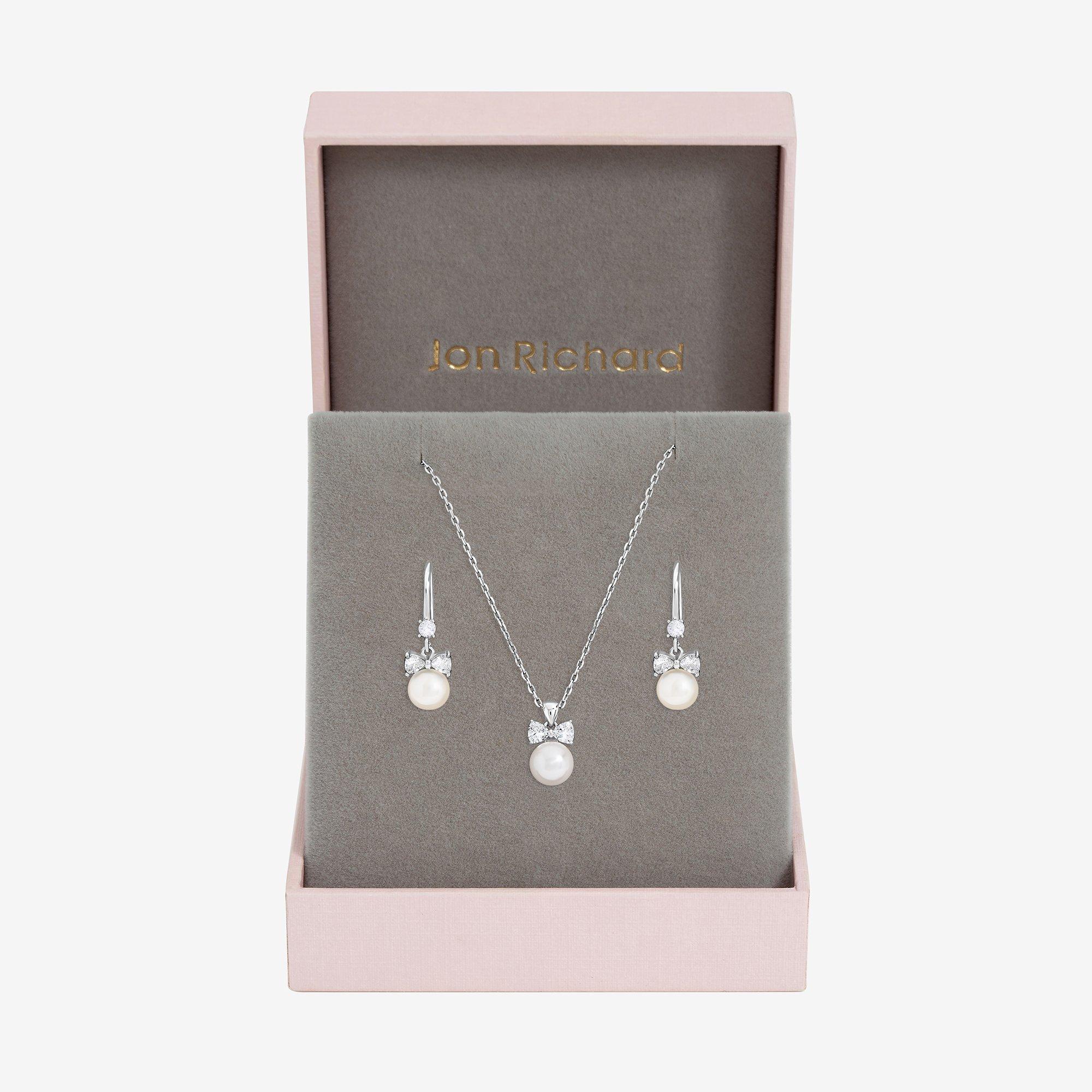 Silver - Jon Richard - Rhodium Plated Bow and Pearl Drop Set - Gift Box - 1