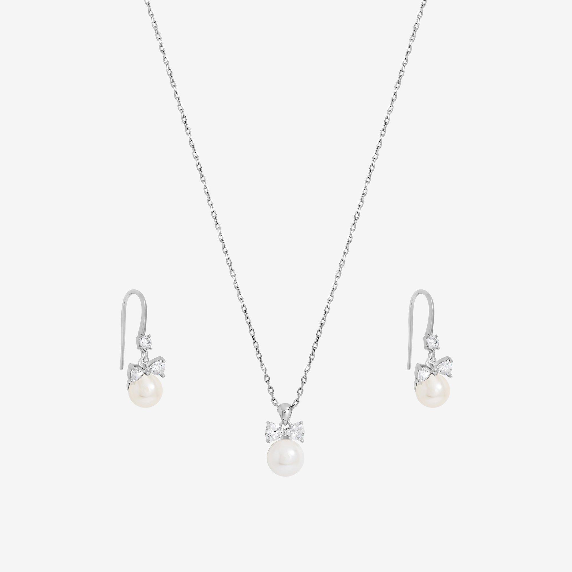 Silver - Jon Richard - Rhodium Plated Bow and Pearl Drop Set - Gift Box - 2