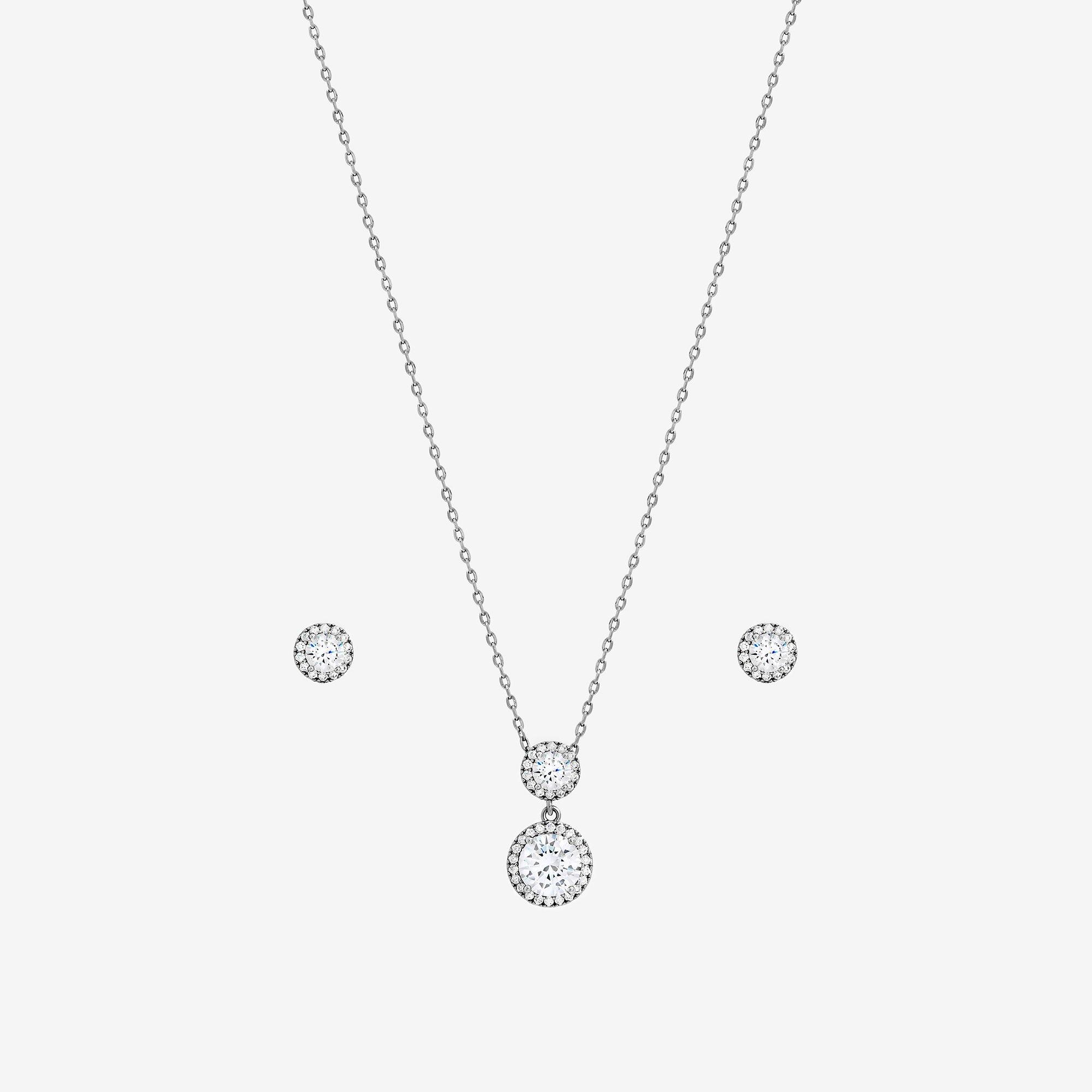 Silver - Jon Richard - Rhodium Plated CZ Double Halo Drop Set - Gift Box - 2