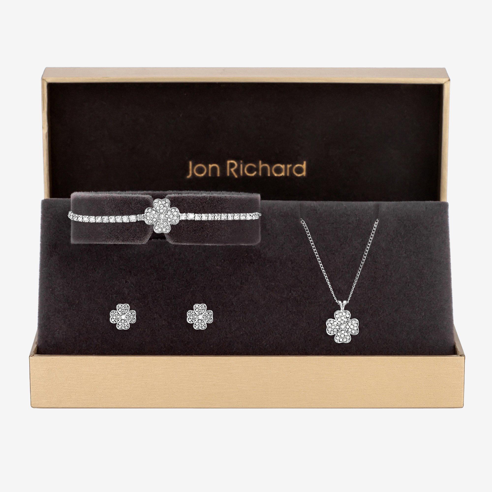 Silver - Jon Richard - Silver Plated and Pave Clover Trio Set - Gift Box - 1