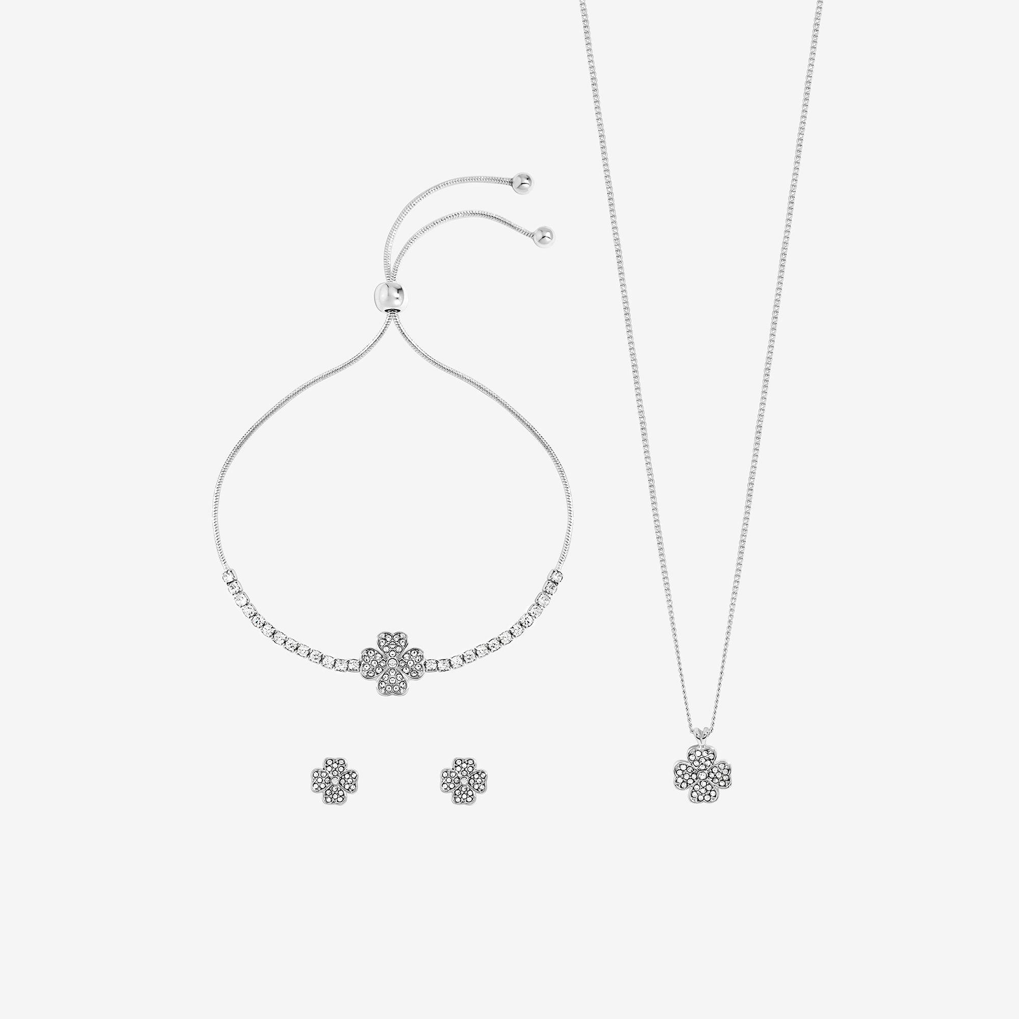 Silver - Jon Richard - Silver Plated and Pave Clover Trio Set - Gift Box - 2