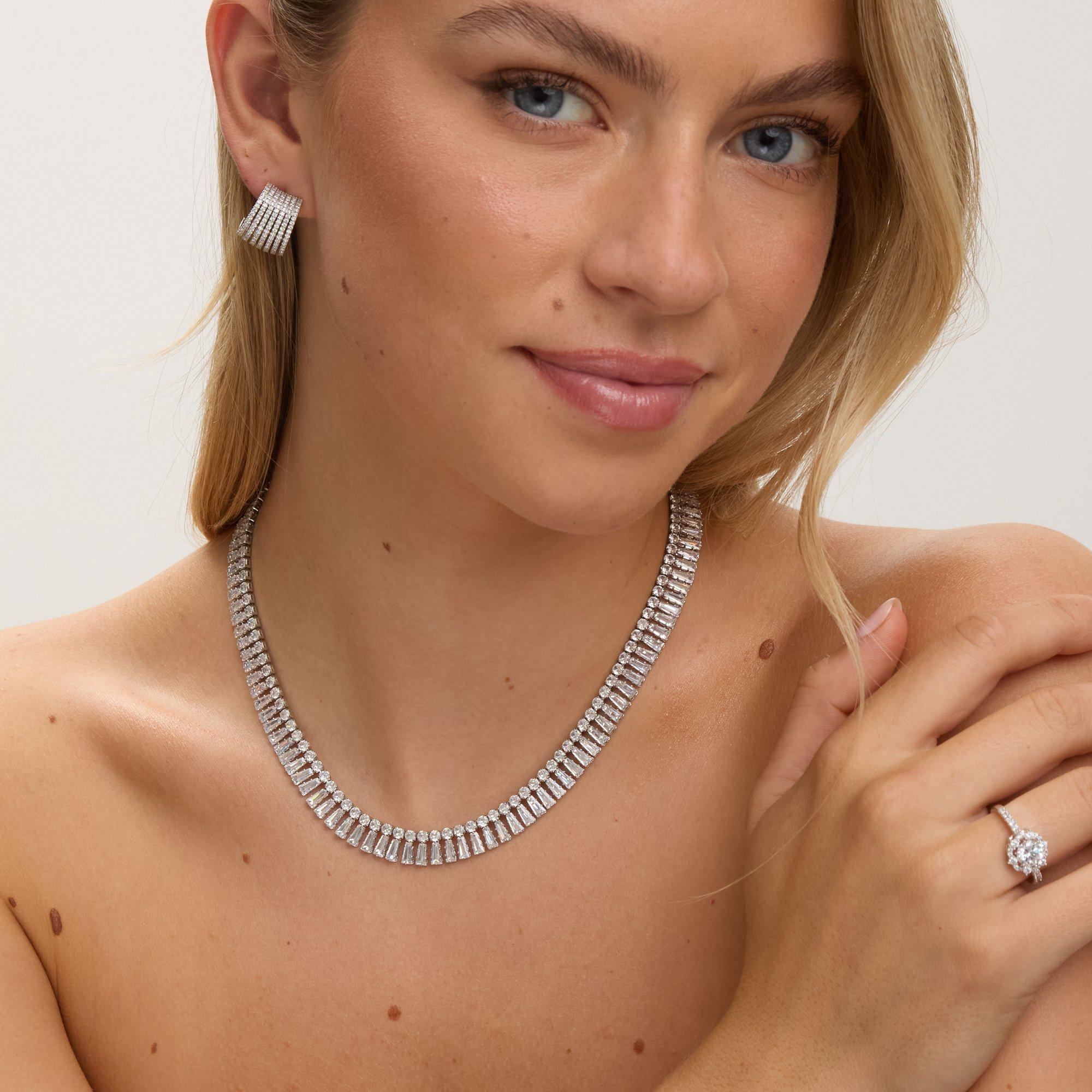 Silver - Jon Richard - Rhodium Plated Crystal 2 Row Baguette Necklace - 2