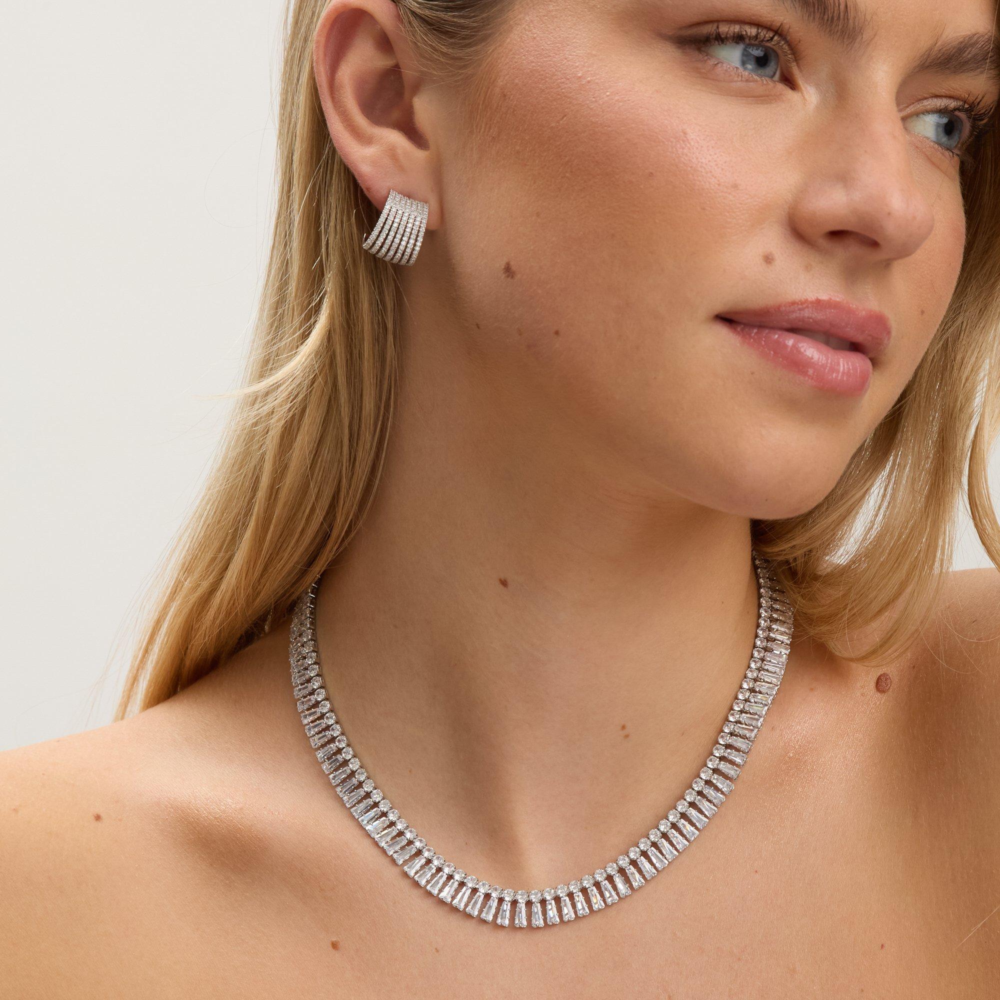 Silver - Jon Richard - Rhodium Plated Crystal 2 Row Baguette Necklace - 3