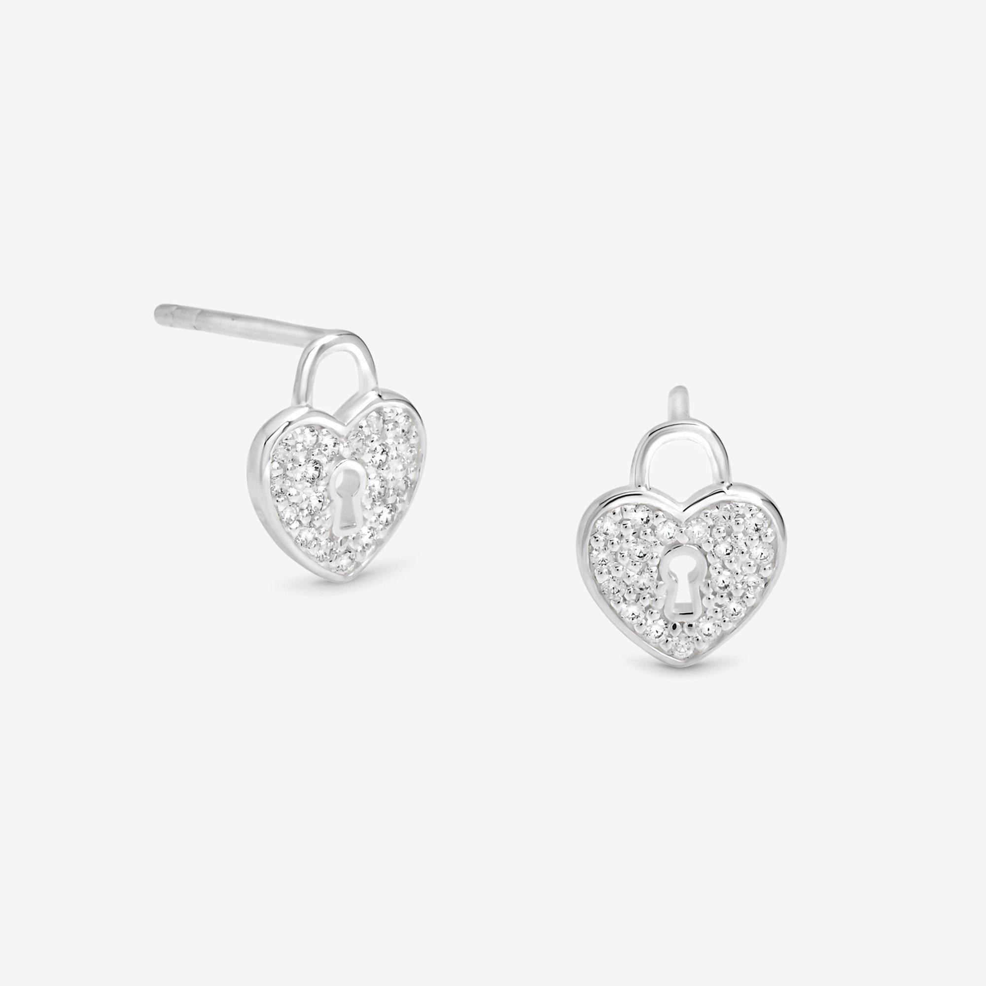 Simply Women's Sterling 925 Pave Padlock Heart Studs Silver