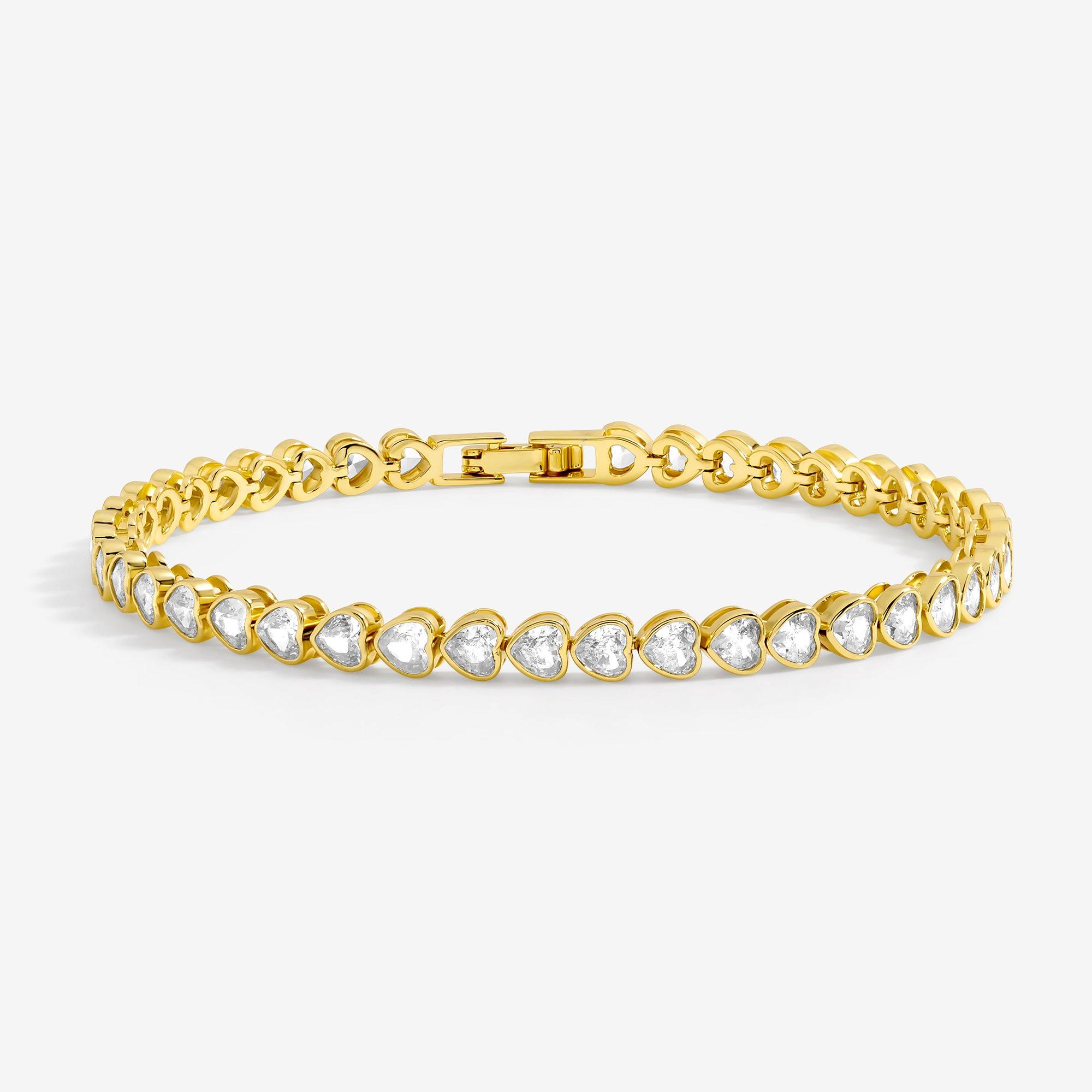 Gold - Inicio - 14K Gold Plated Crystal Heart Tennis Bracelet - 1