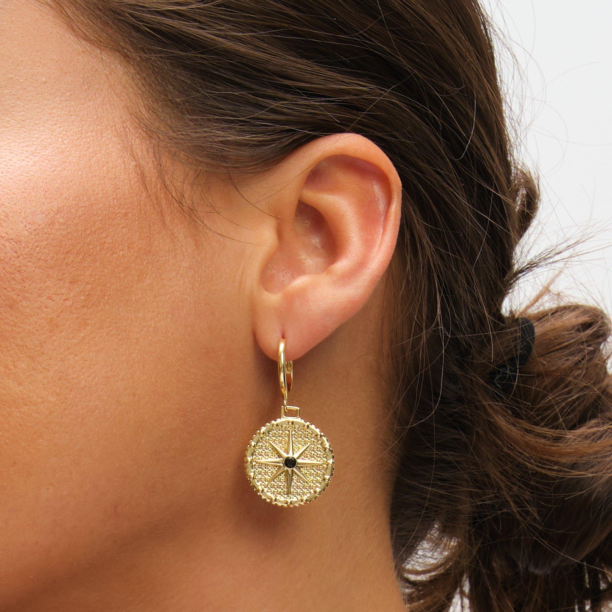 Gold - Inicio - 14K Gold Plated Jet Star Charm Earrings - 2