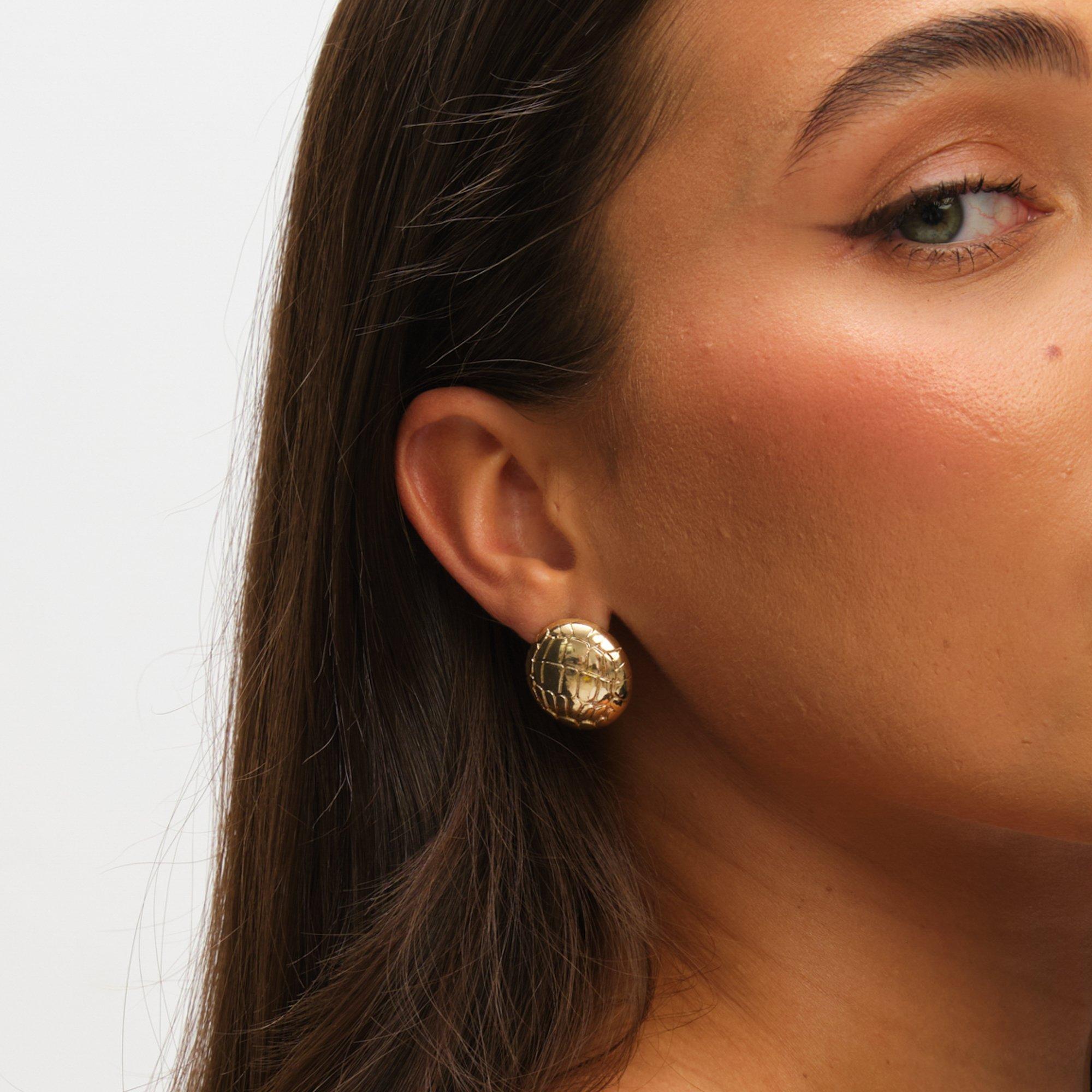 Gold - Mood - Gold Polished Snake Textured Round Dome Earrings - 2