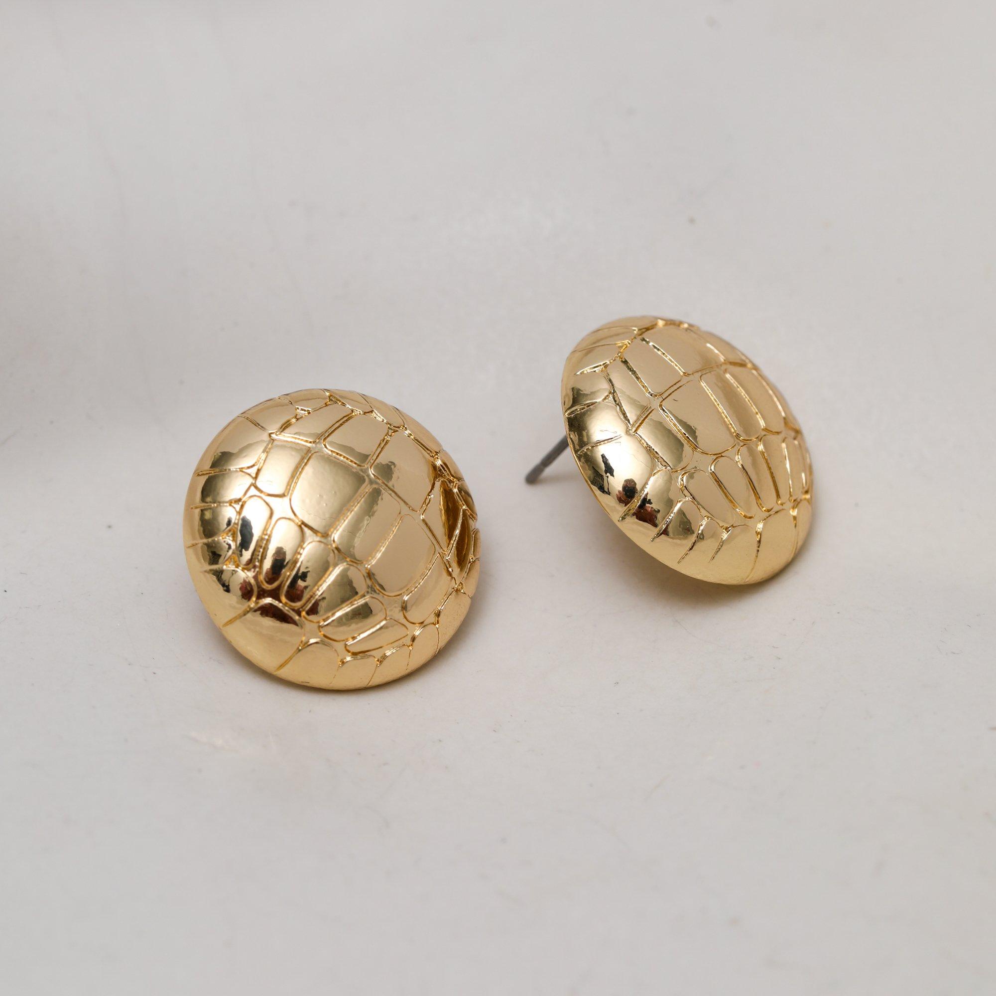 Gold - Mood - Gold Polished Snake Textured Round Dome Earrings - 3