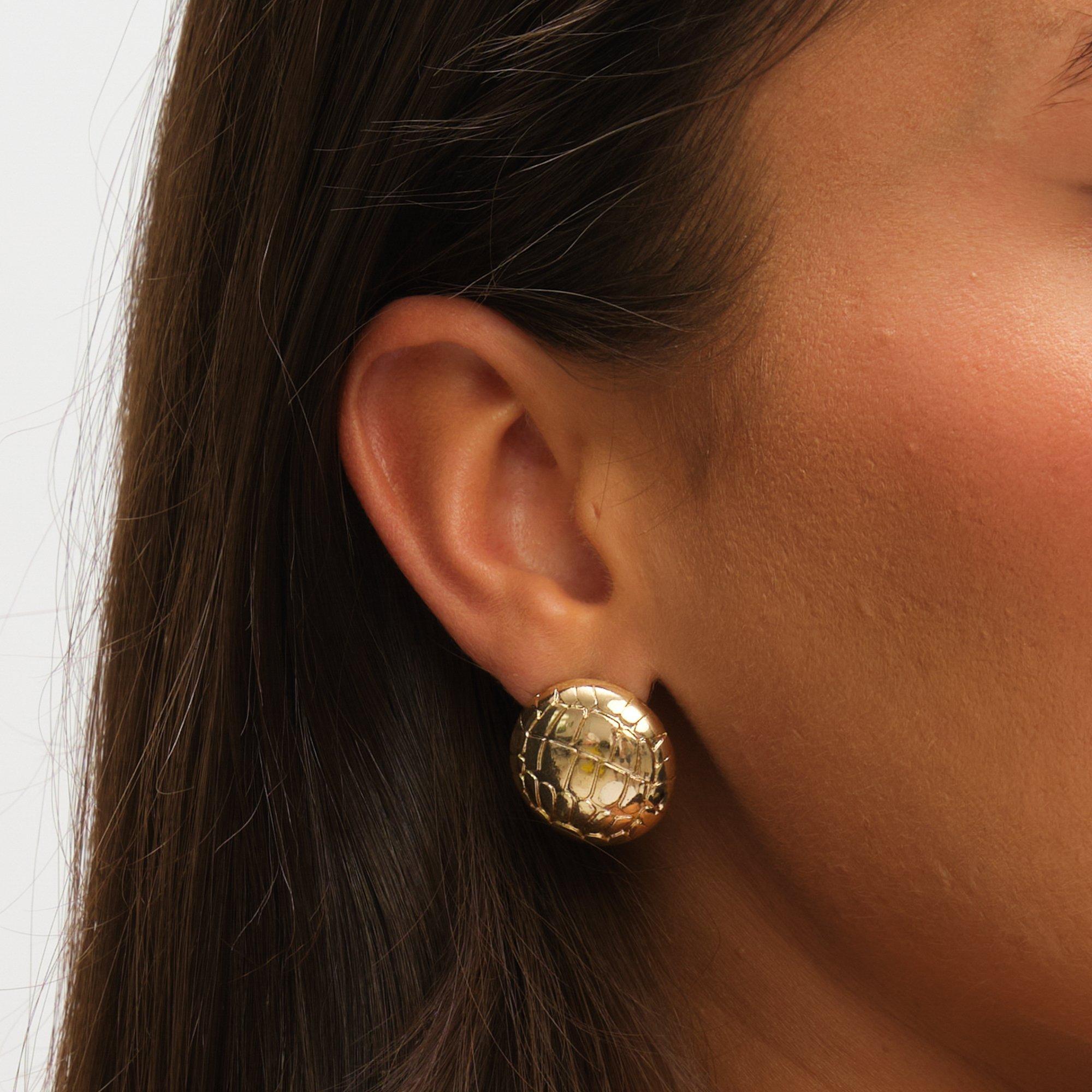 Gold - Mood - Gold Polished Snake Textured Round Dome Earrings - 4