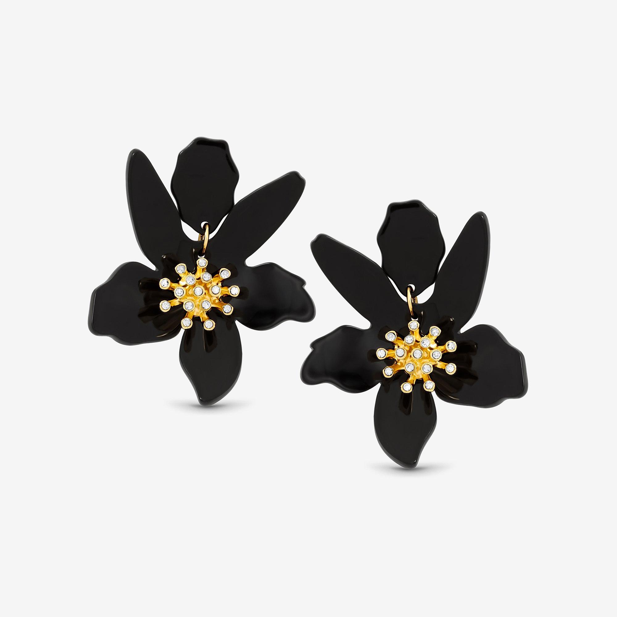 Gold - Mood - Jet Resin Flower Statement Drop Earrings - 1