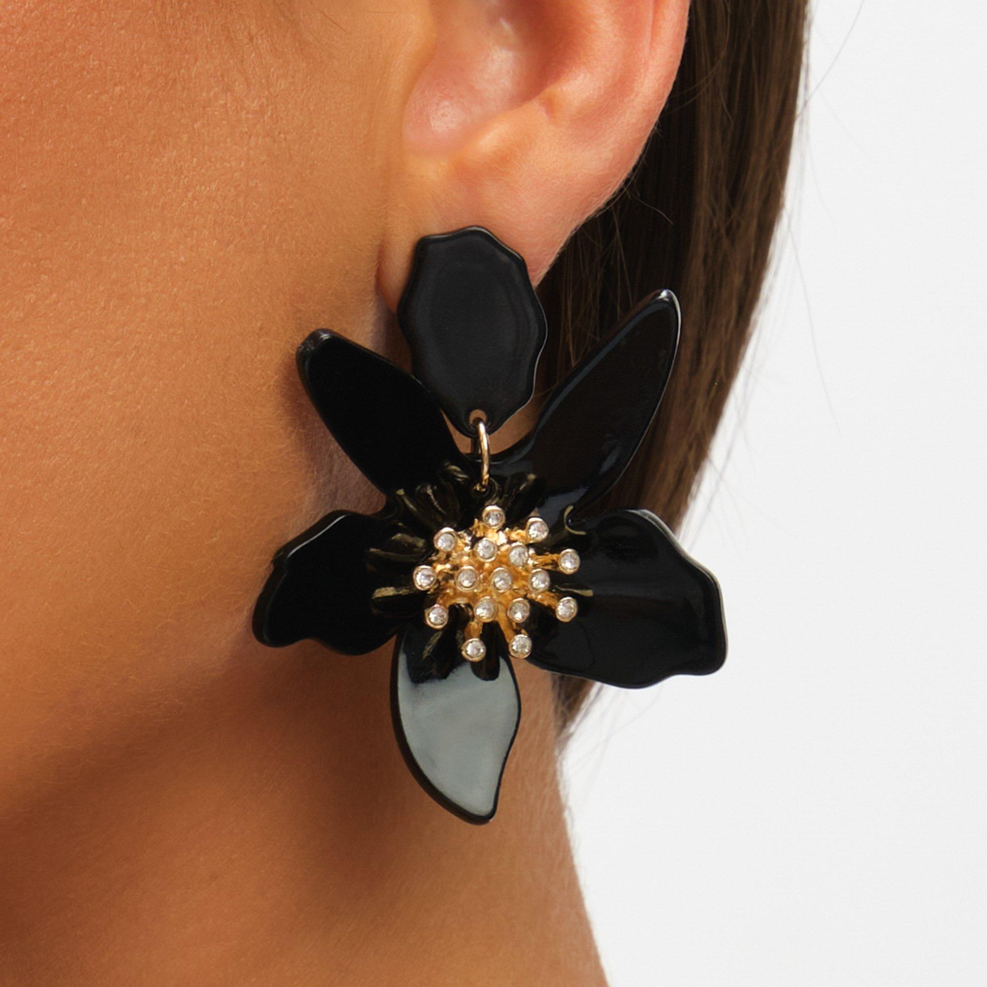 Gold - Mood - Jet Resin Flower Statement Drop Earrings - 2
