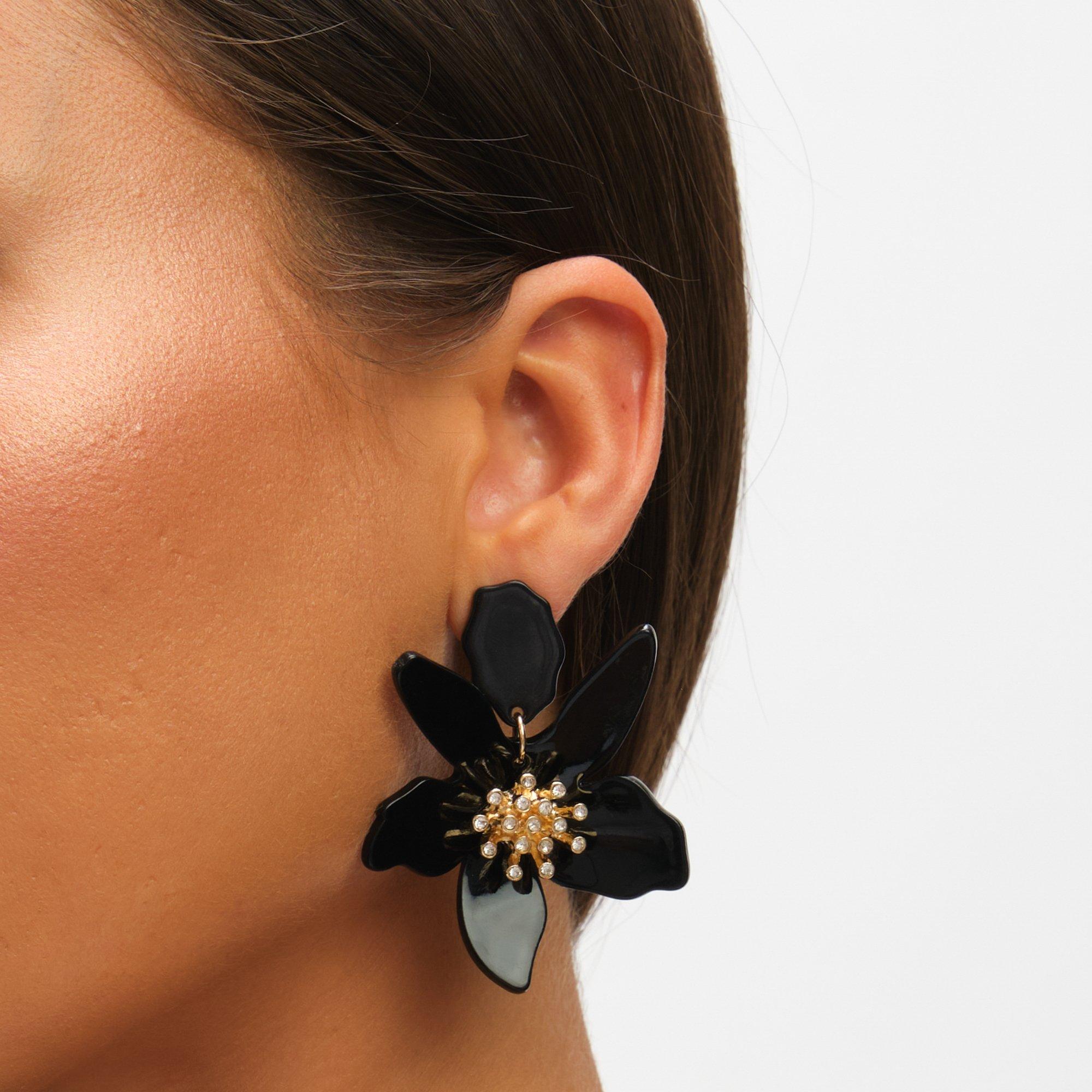 Gold - Mood - Jet Resin Flower Statement Drop Earrings - 3