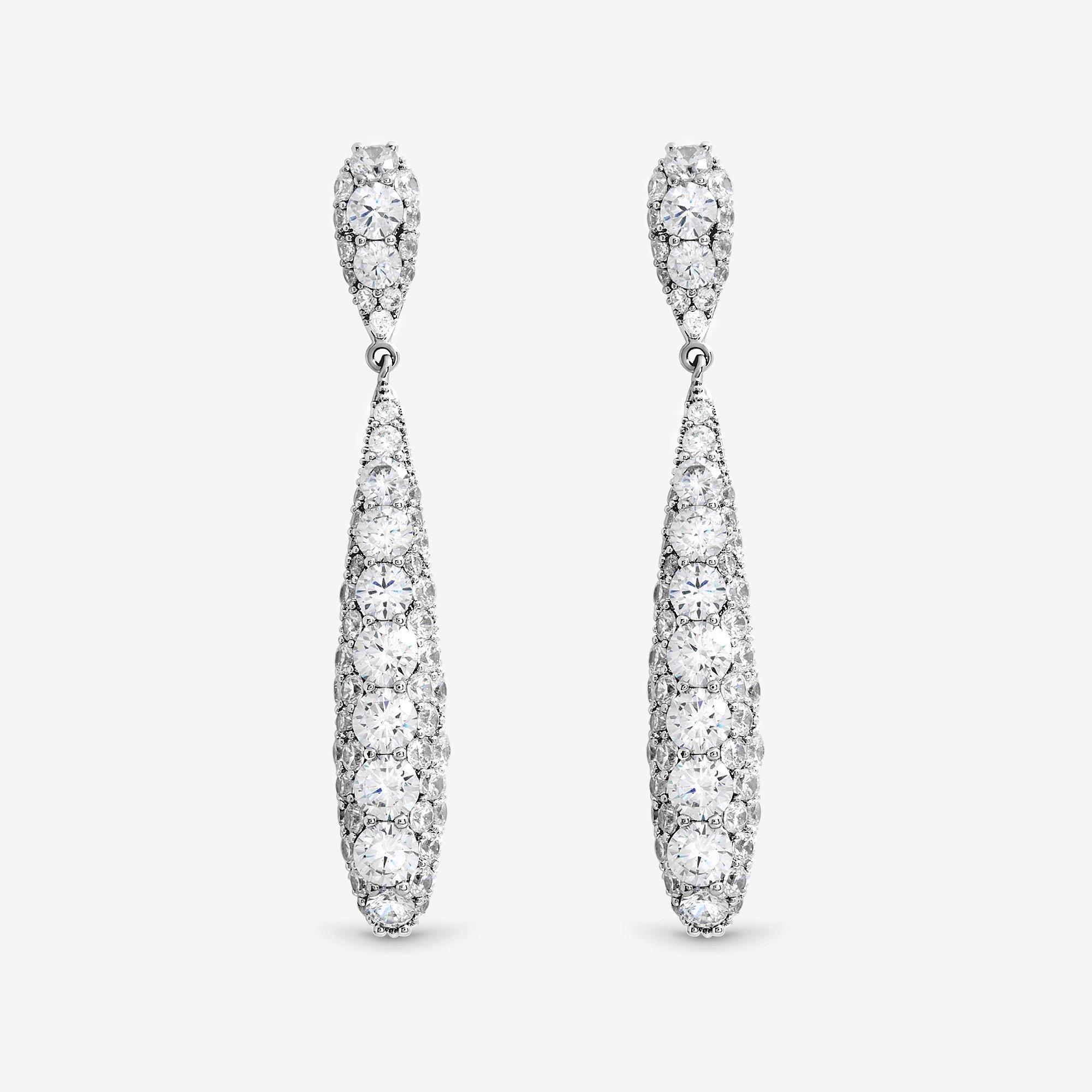 Silver - Jon Richard - Rhodium Plated Pave Long Drop Earrings - 1