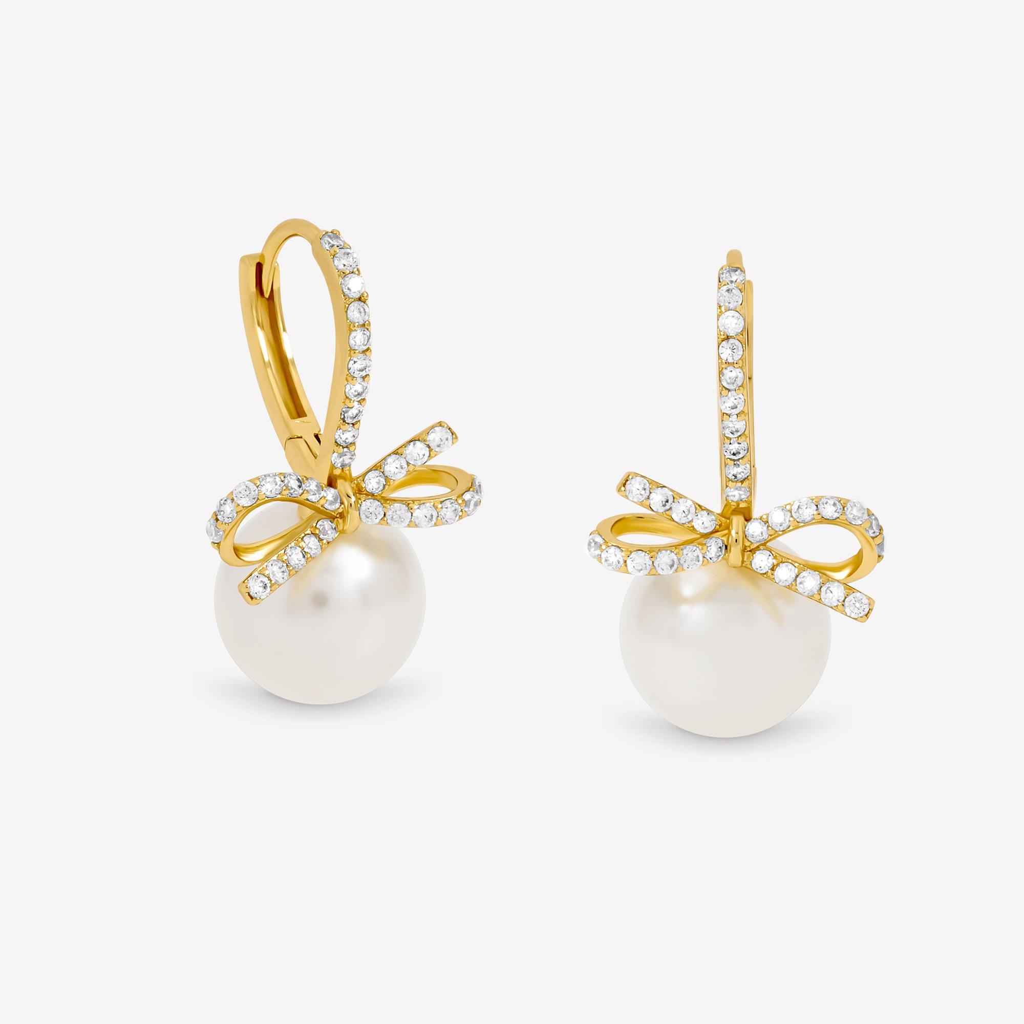 Gold - Jon Richard - Gold Plated Crystal Bow Pearl Hoops - 1