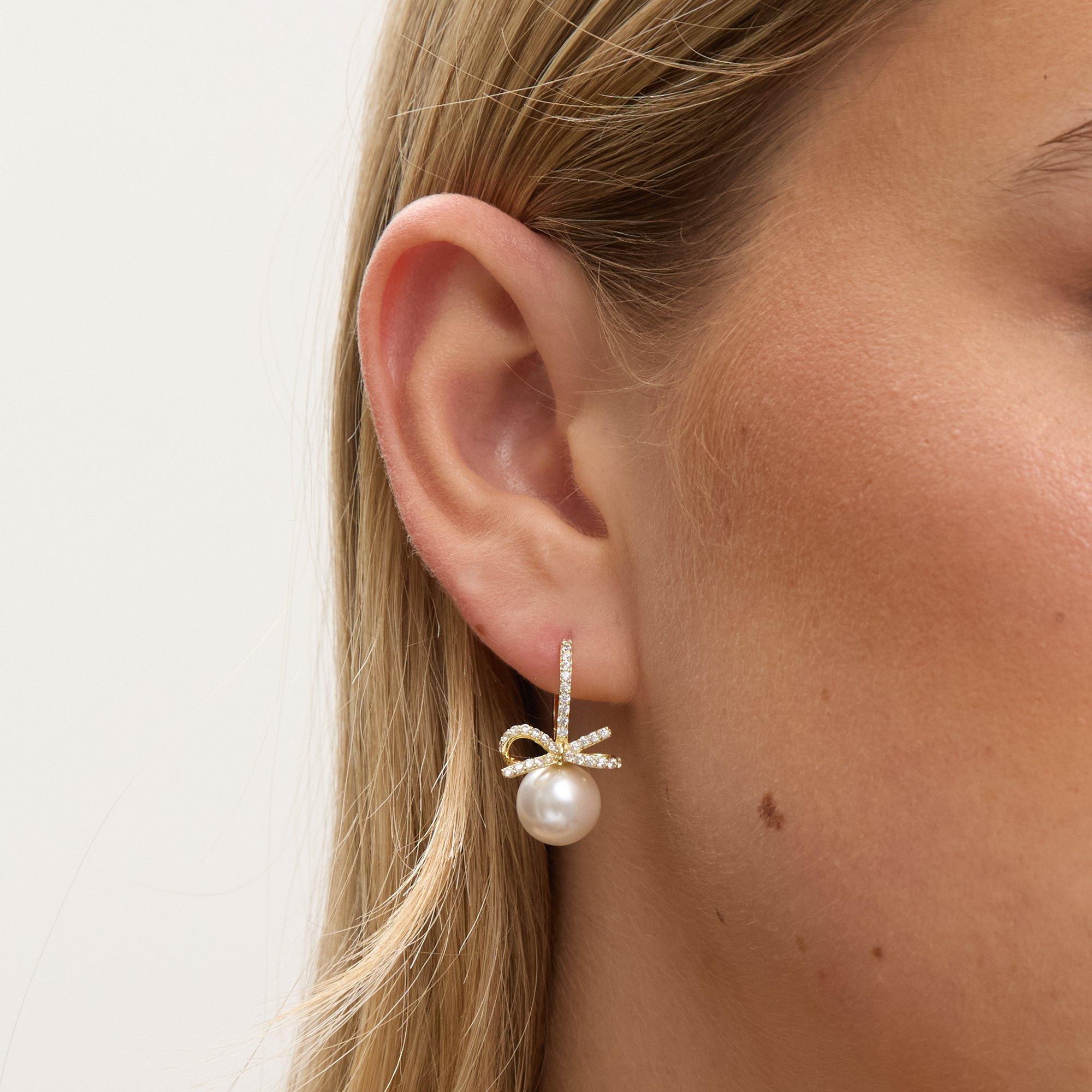 Gold - Jon Richard - Gold Plated Crystal Bow Pearl Hoops - 2