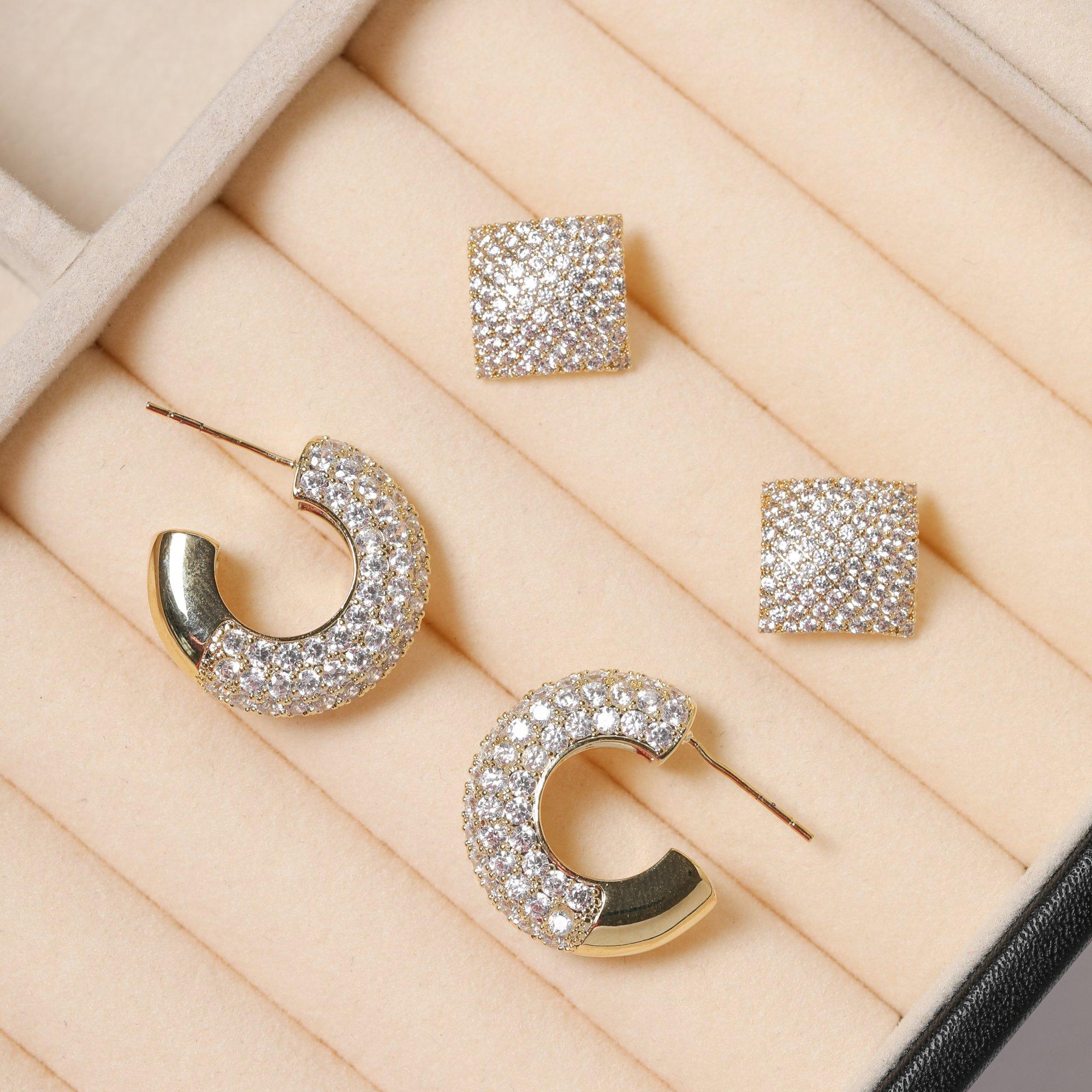 Gold - Jon Richard - Gold Plated Pave Diamond Shape Studs - 2