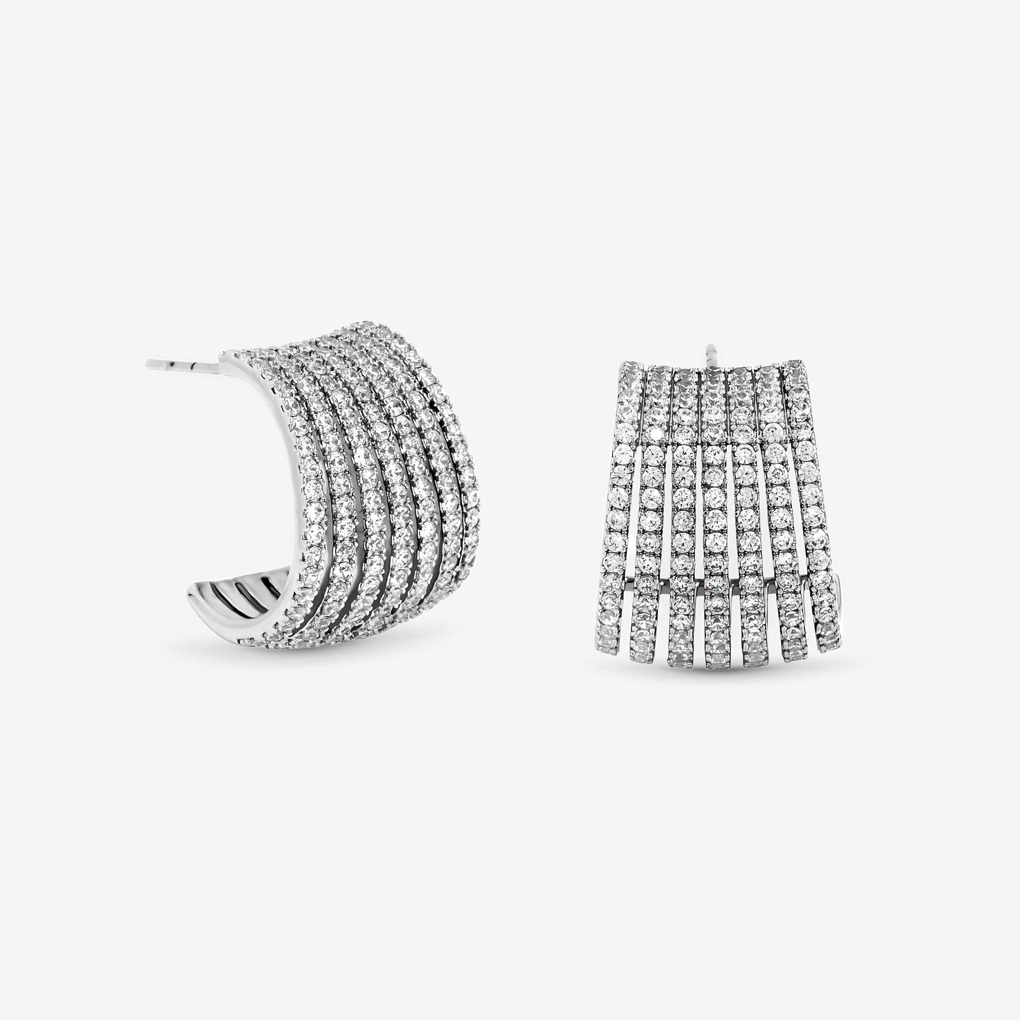 Silver - Jon Richard - Rhodium Plated CZ Multirow Hoop Earrings - 1
