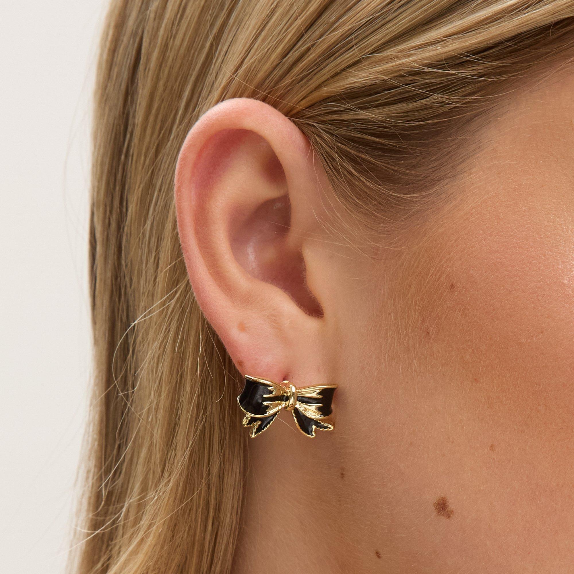 Gold - Jon Richard - Gold Plated Jet Bow Earrings - 2