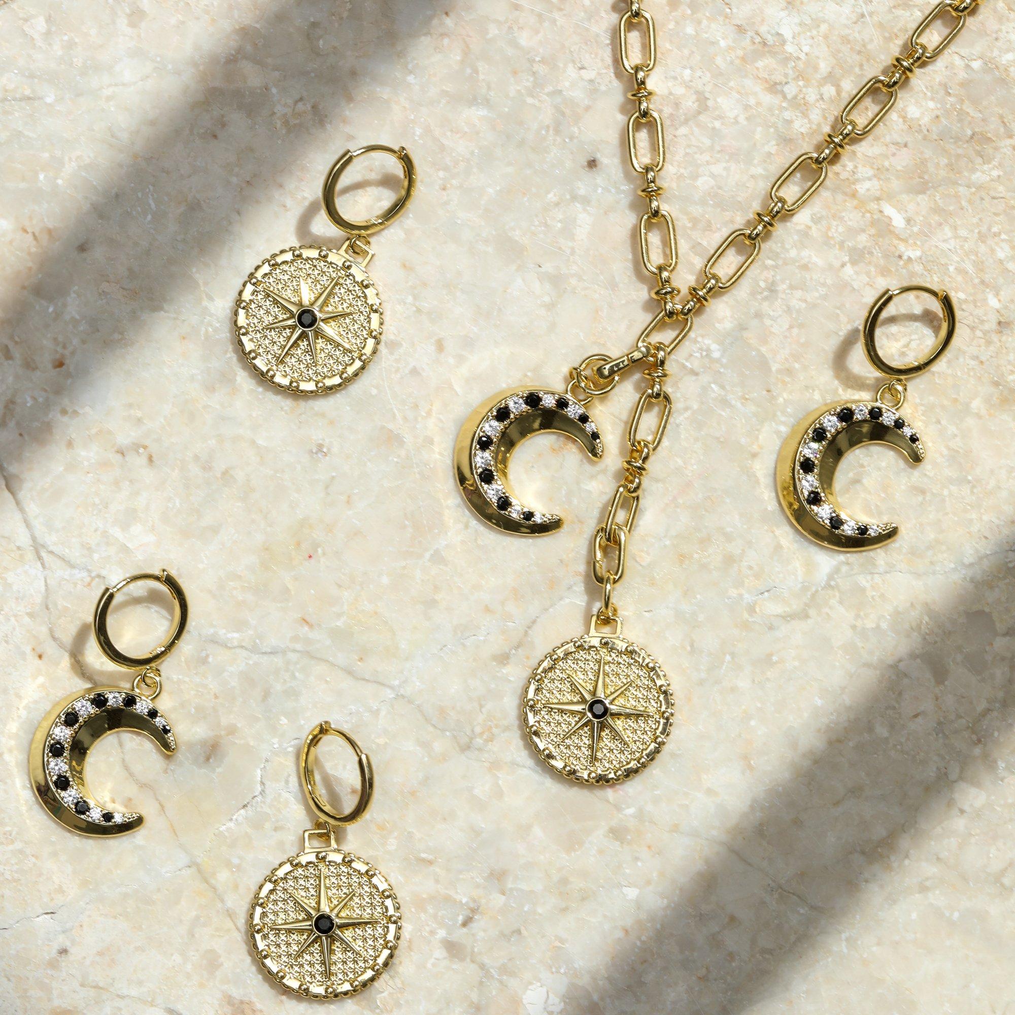 Gold - Inicio - 14K Gold Plated Celestial Moon Charm Hoop Earrings - 3