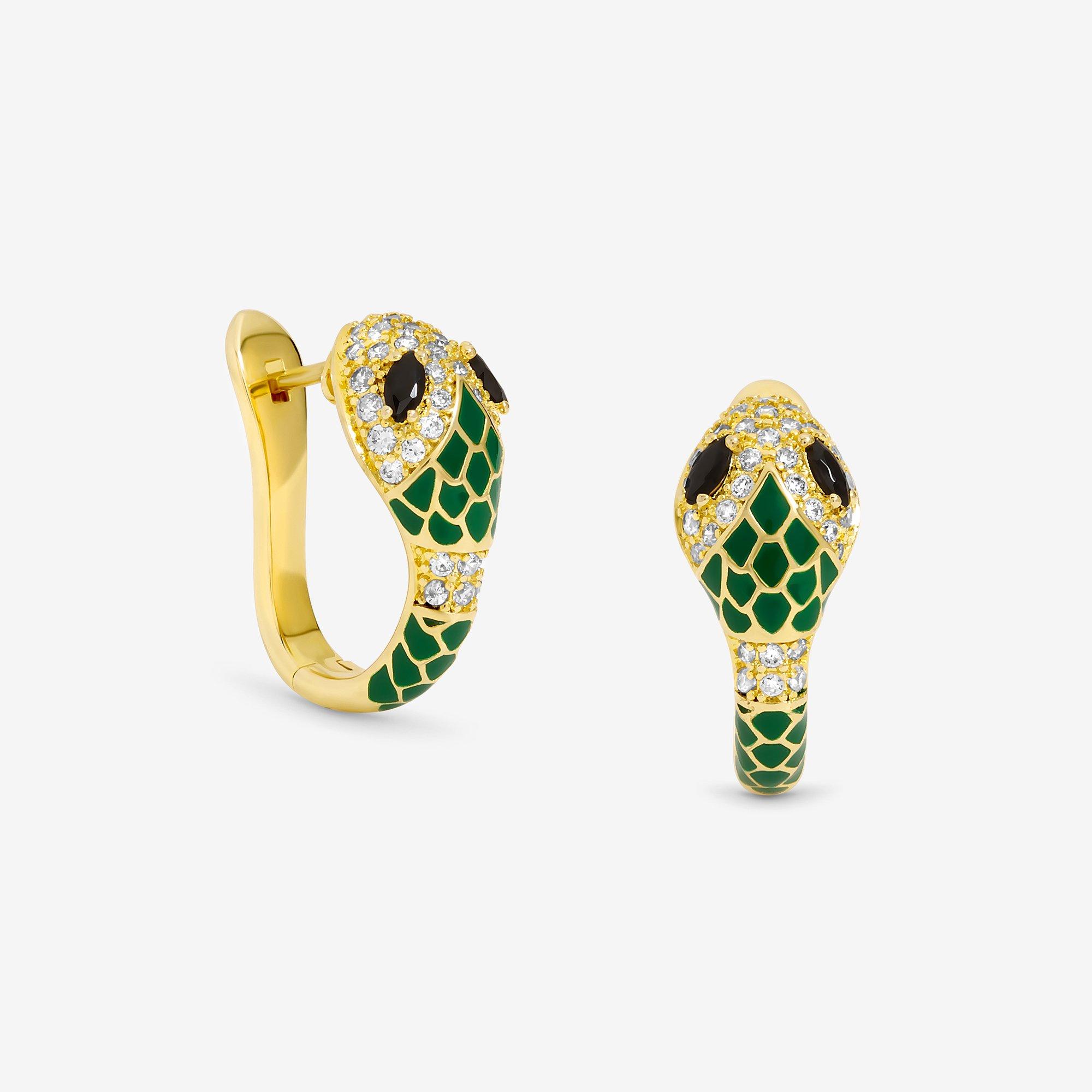 Gold - Inicio - 14K Gold Plated Emerald Snake Hoop Earrings - 1