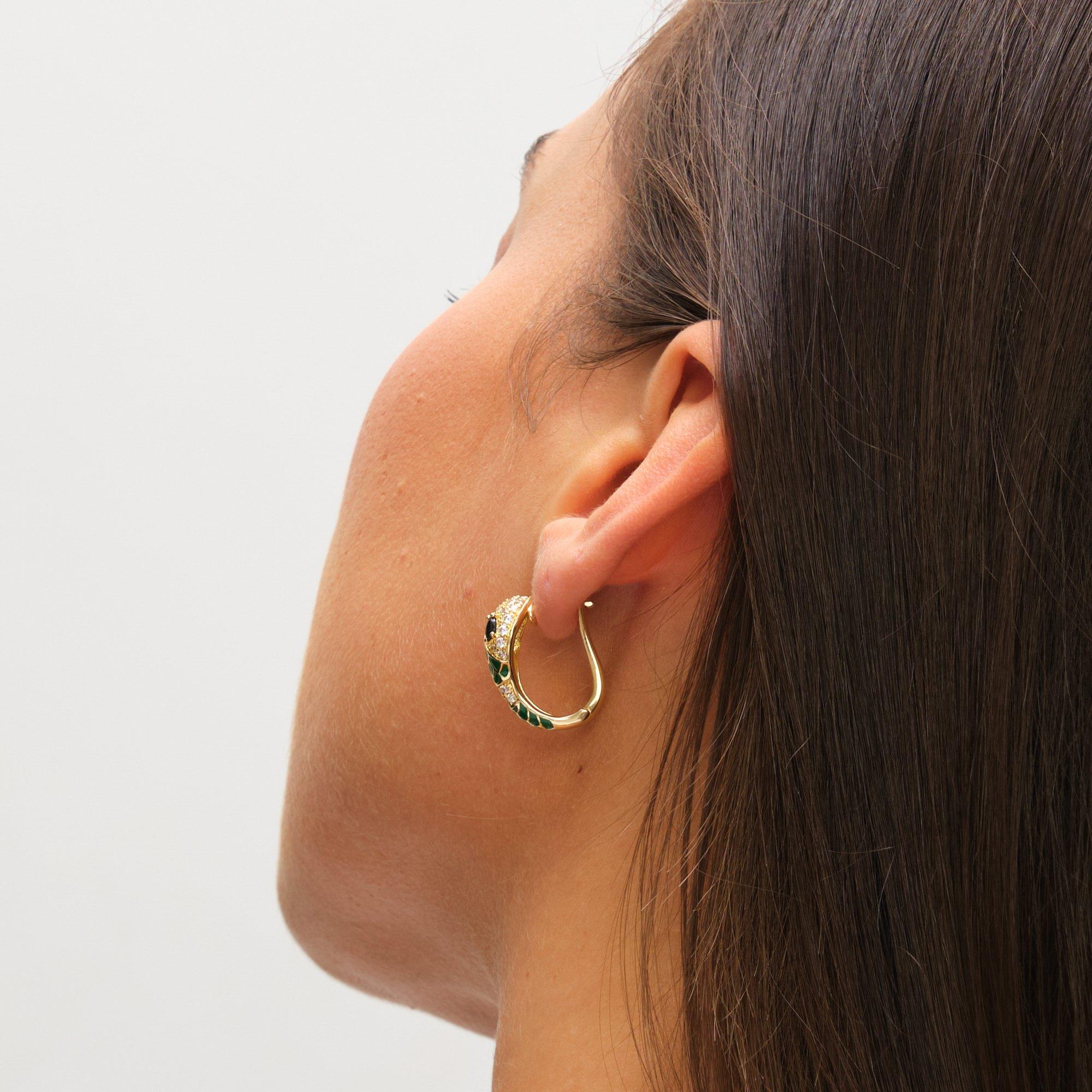 Gold - Inicio - 14K Gold Plated Emerald Snake Hoop Earrings - 2