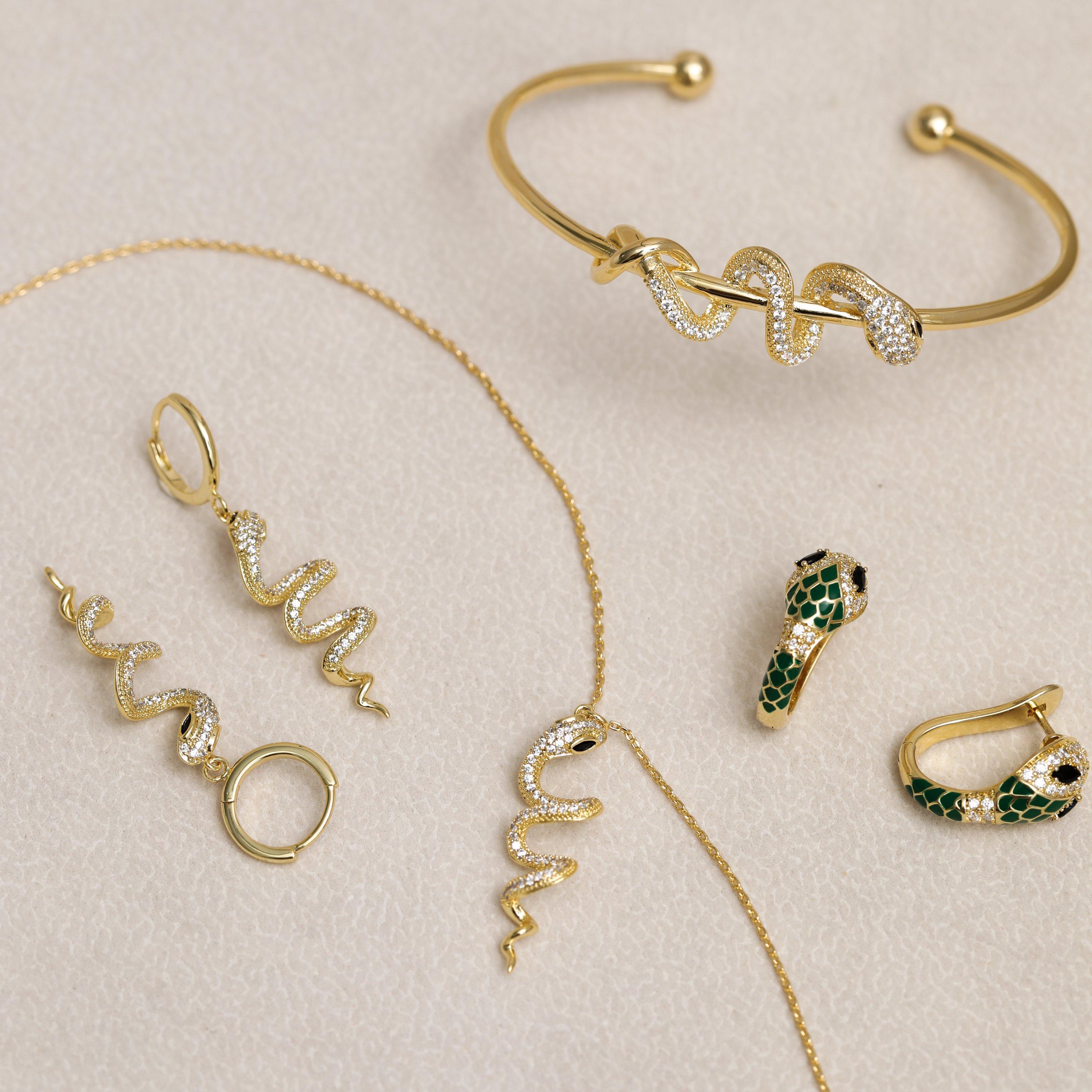 Gold - Inicio - 14K Gold Plated Emerald Snake Hoop Earrings - 3