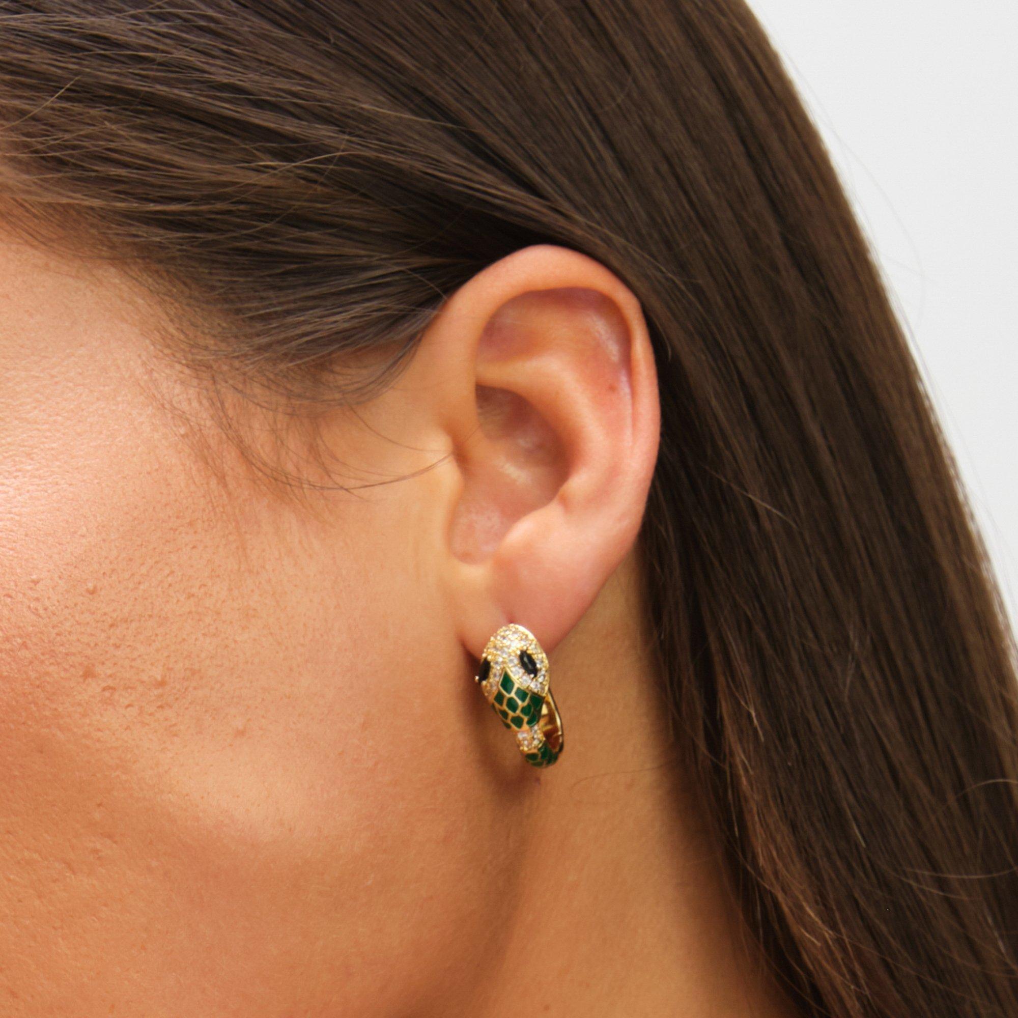 Gold - Inicio - 14K Gold Plated Emerald Snake Hoop Earrings - 4