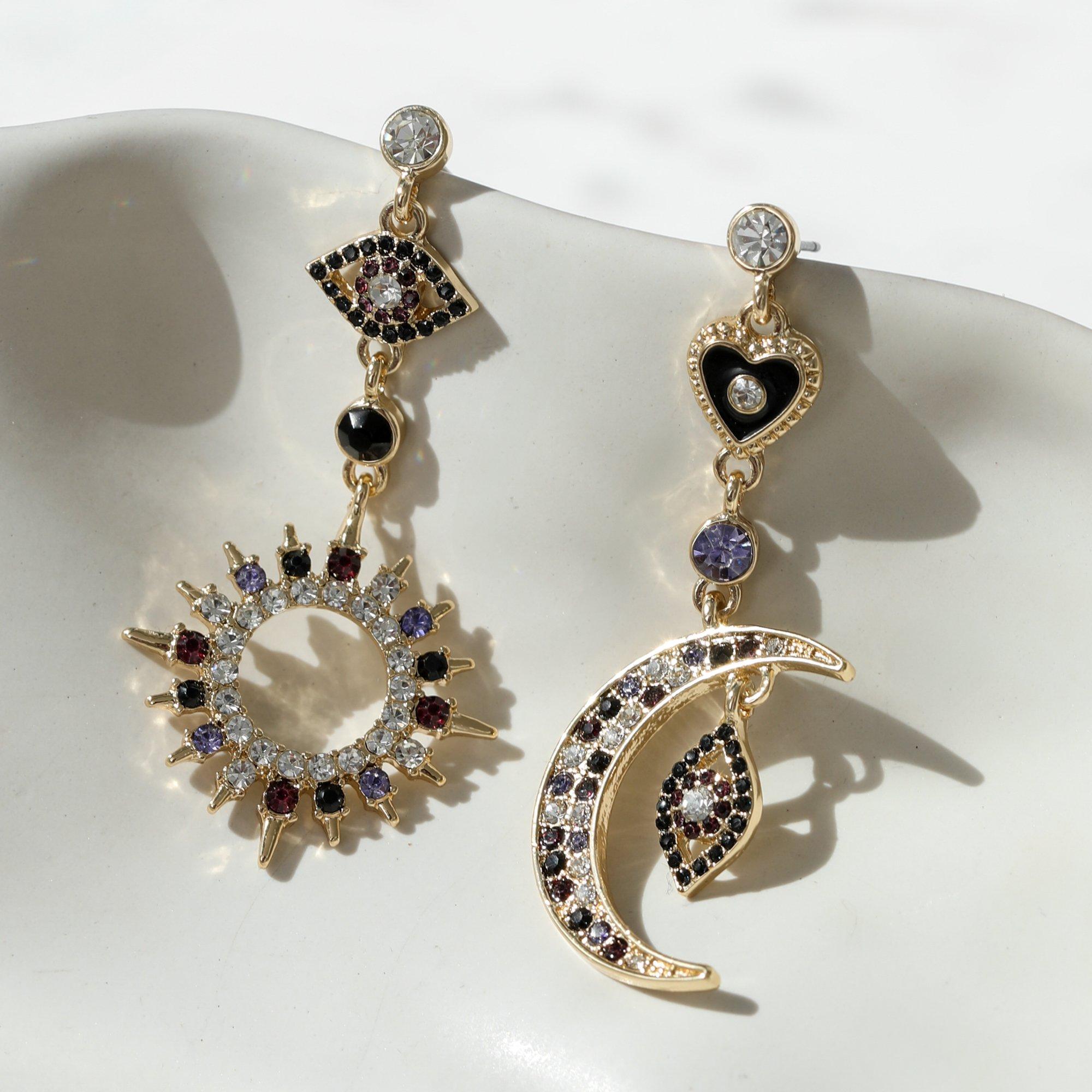 Gold - Mood - Gold Crystal Mismatch Celestial Earrings - 3