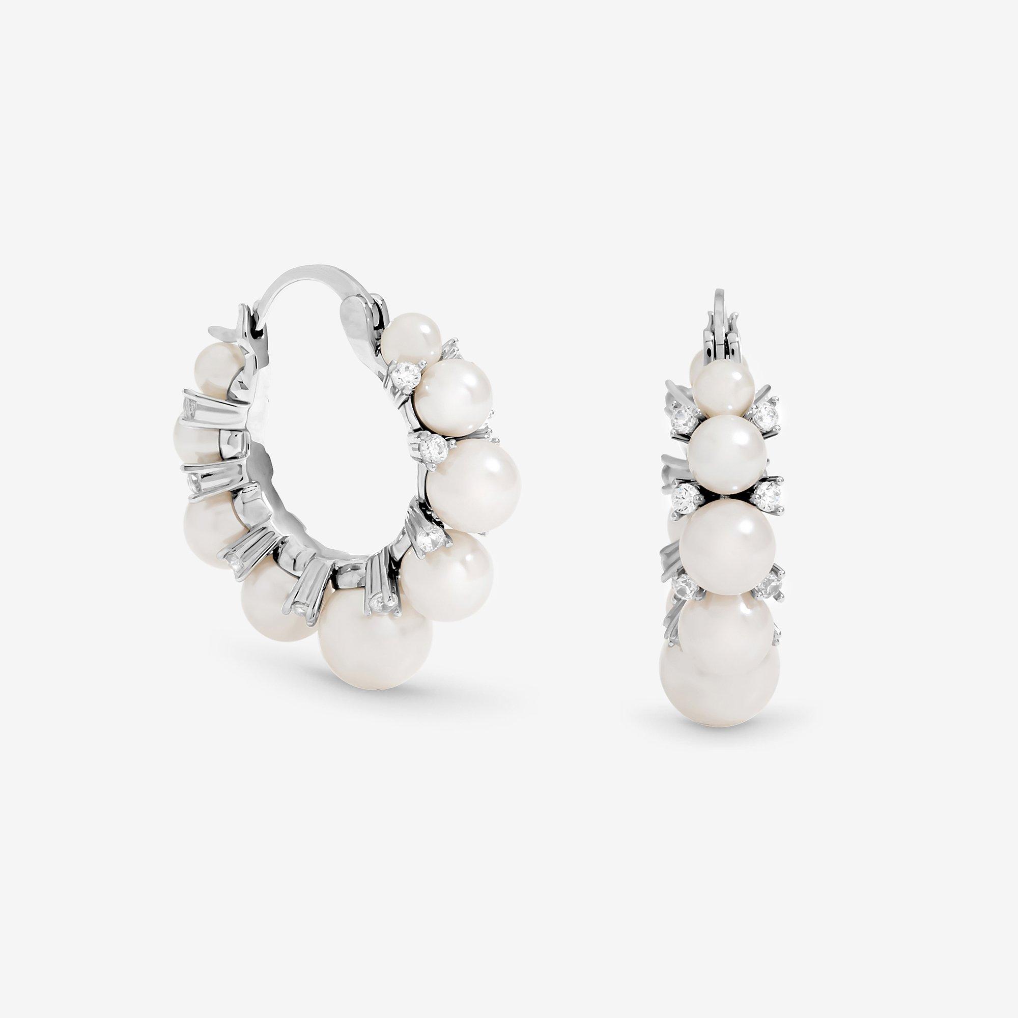 Silver - Jon Richard - Rhodium Plated Pearl Crystal Hoop Earrings - 1