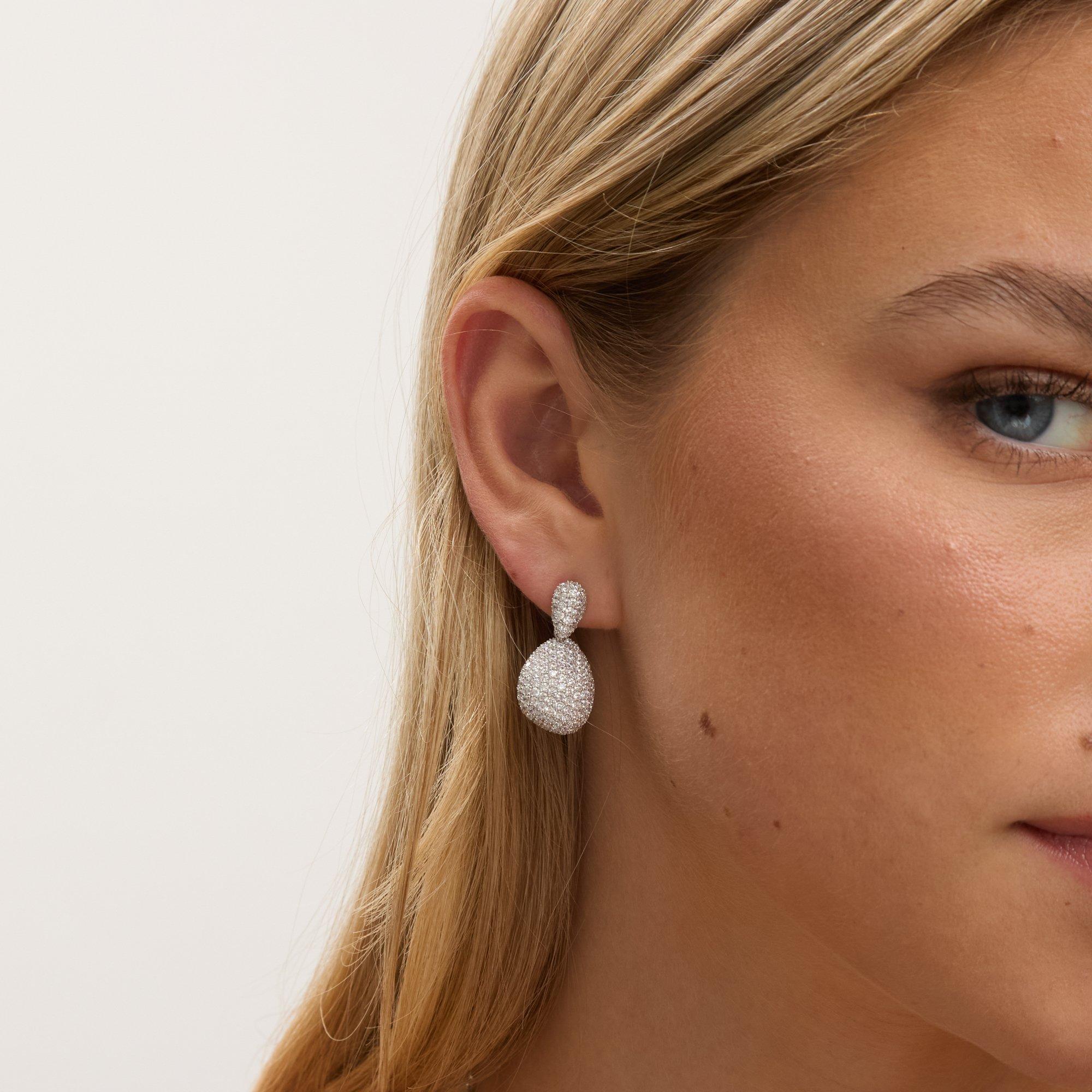 Silver - Jon Richard - Rhodium Plated CZ Drop Dome Earrings - Gift Box - 2