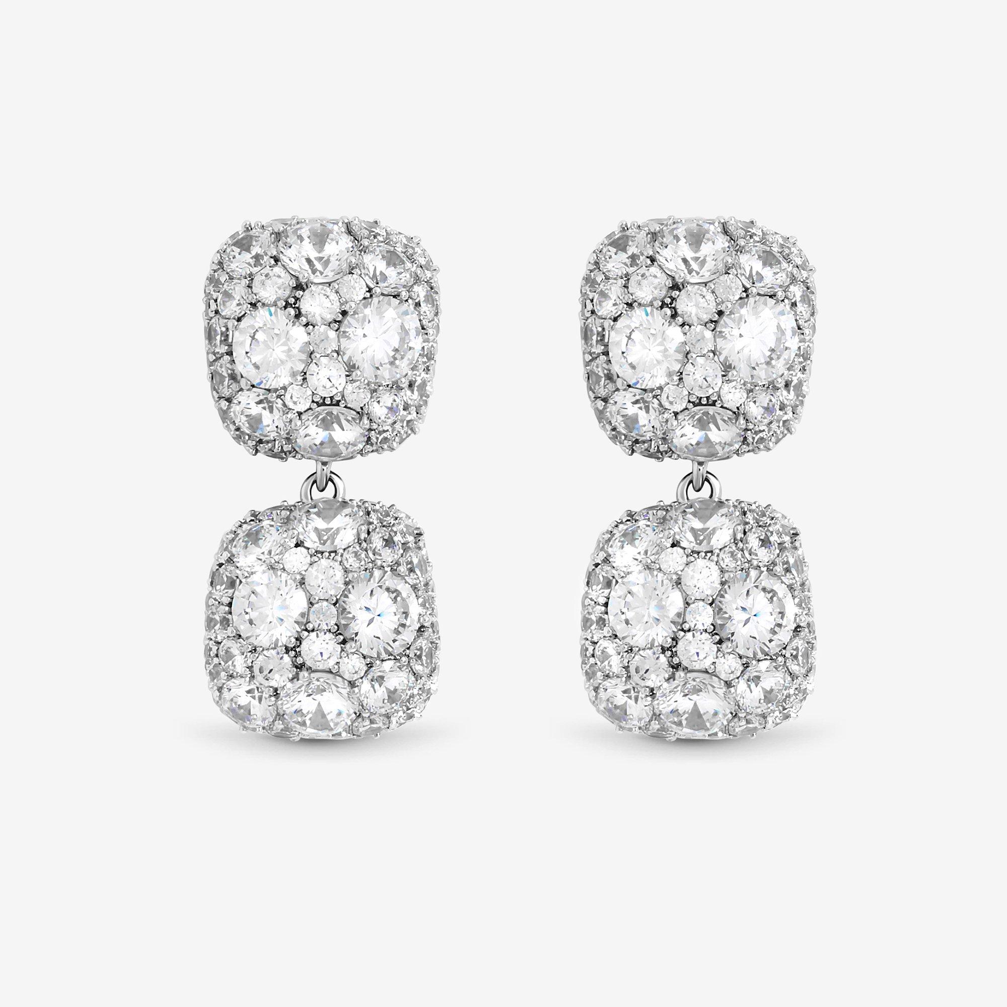 Silver - Jon Richard - Rhodium Plated Pave Square Double Drop Earrings - 1
