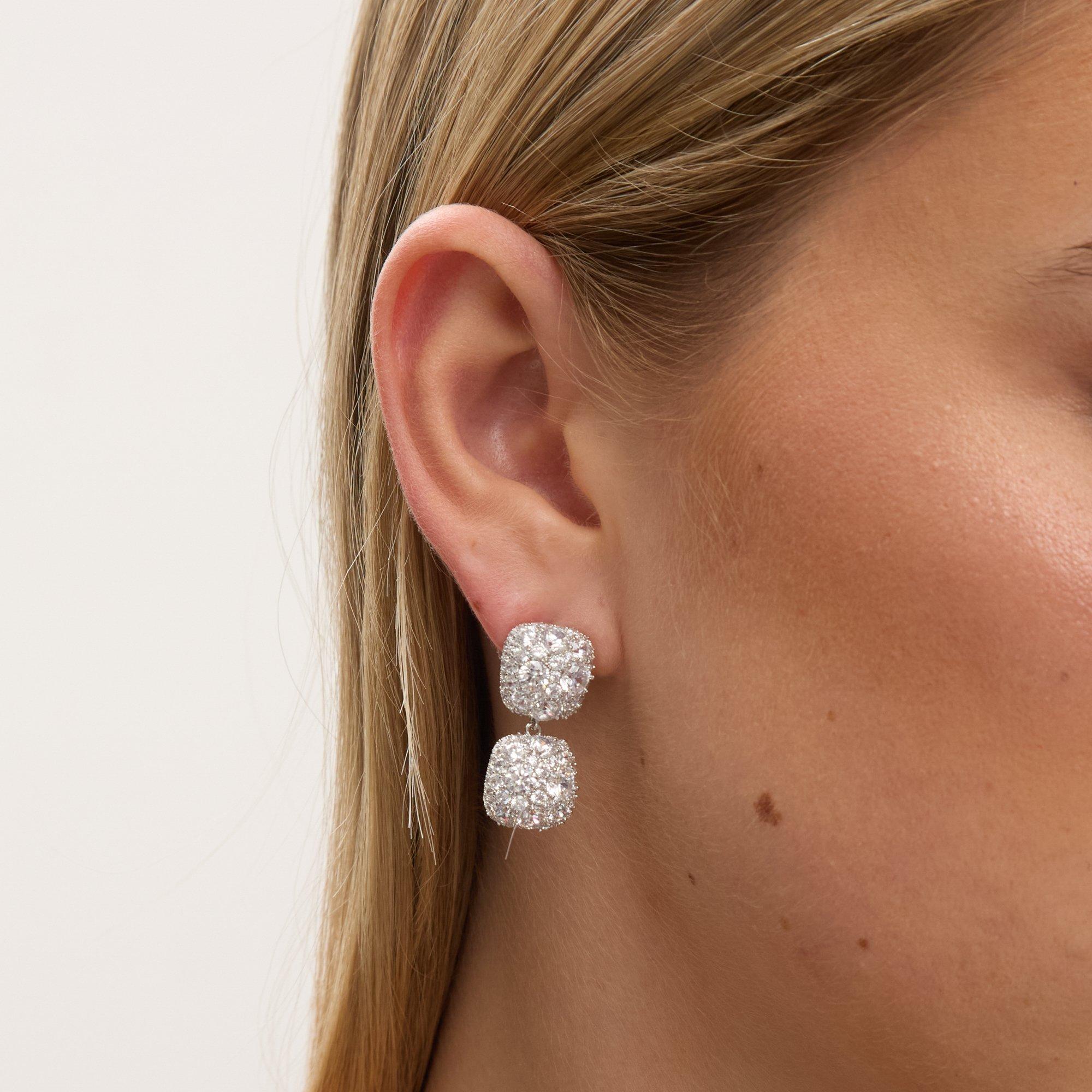 Silver - Jon Richard - Rhodium Plated Pave Square Double Drop Earrings - 2