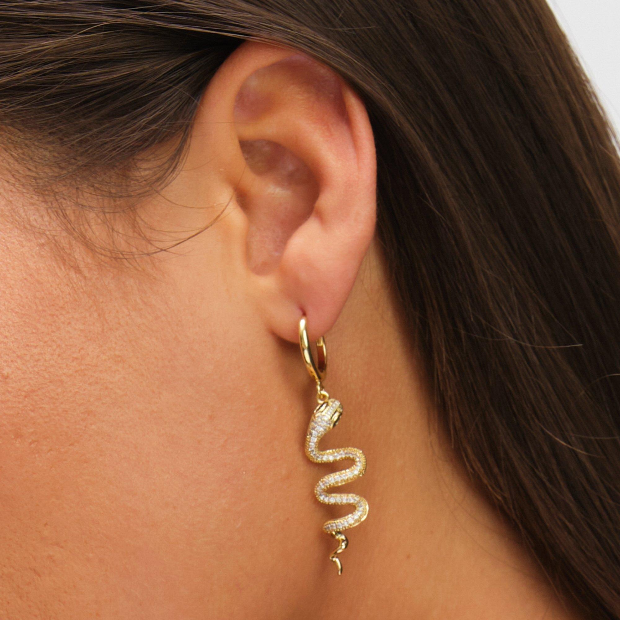 Gold - Inicio - 14K Gold Plated Snake Spiral Drop Hoop Earrings - 2