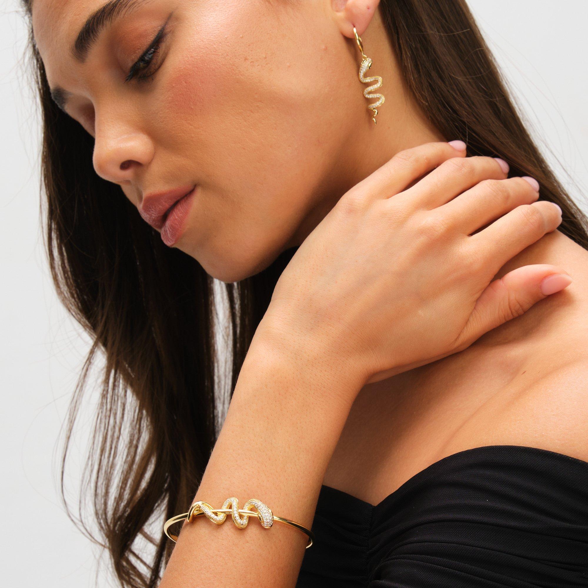 Gold - Inicio - 14K Gold Plated Snake Spiral Drop Hoop Earrings - 3