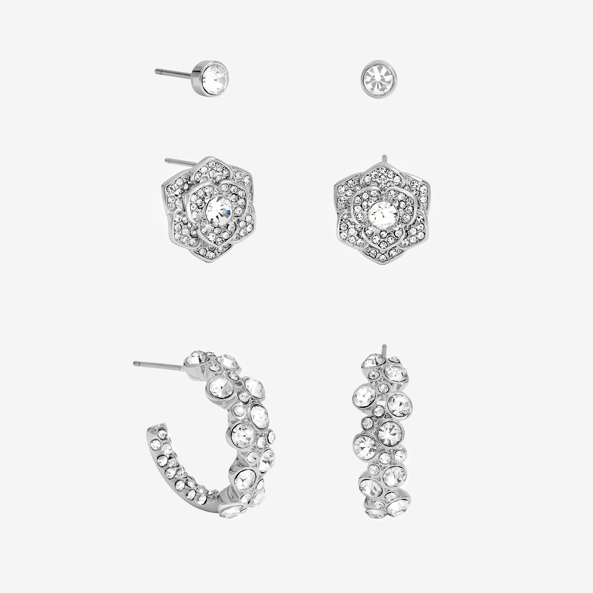 Silver - Mood - Silver Floral Crystal Stud & Hoops - Pack of 3 - 1